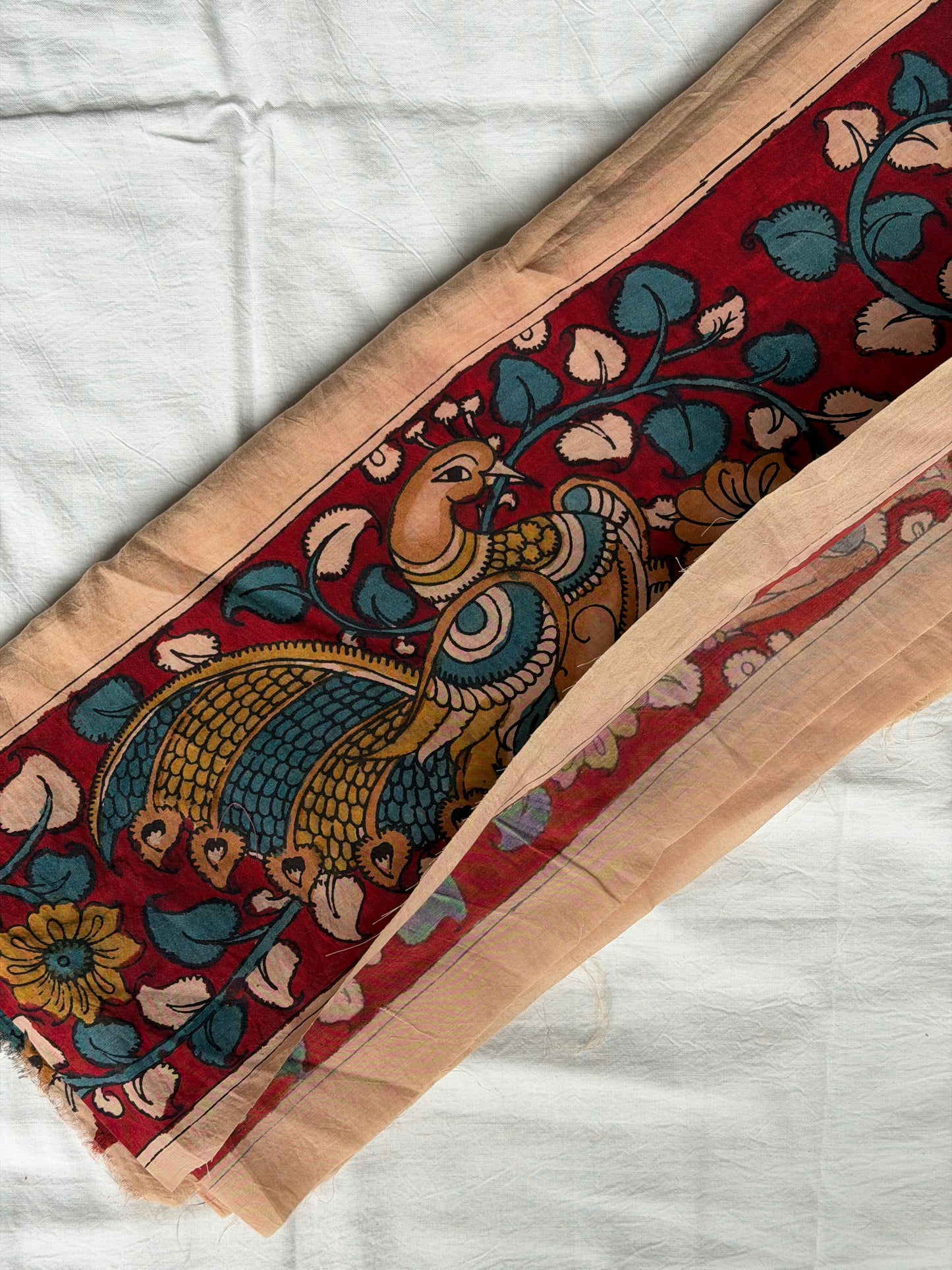 Maroon Silk pen Kalamkari hand painted border with peacocks and flowers design