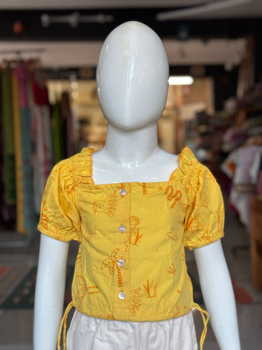 Yellow printed puffed sleeves crop top for girls