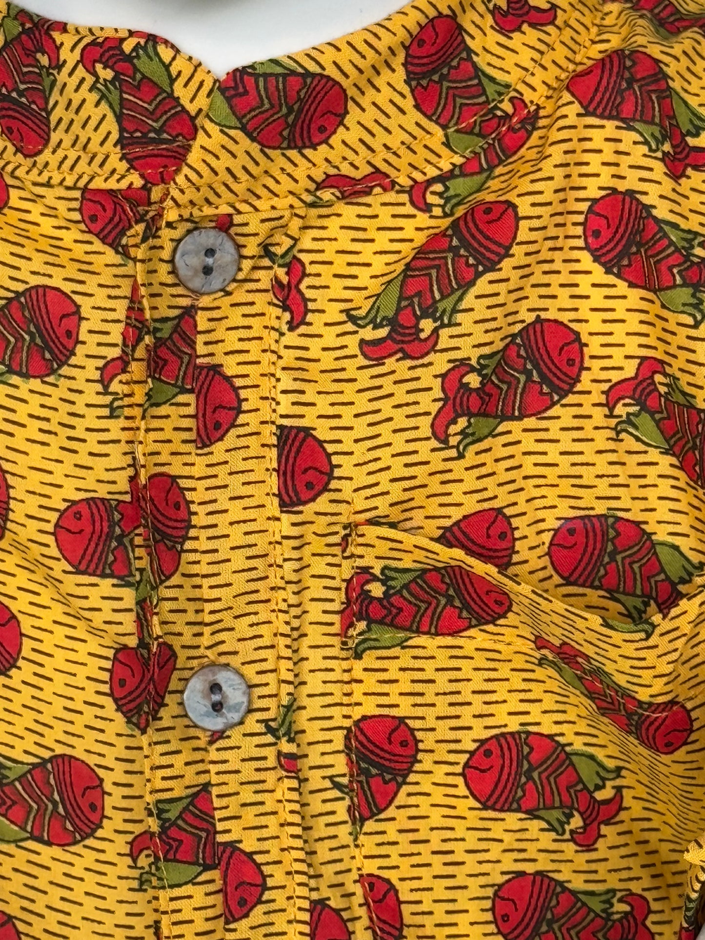 Yellow fish in water hand block print cotton band collared shirt for boys