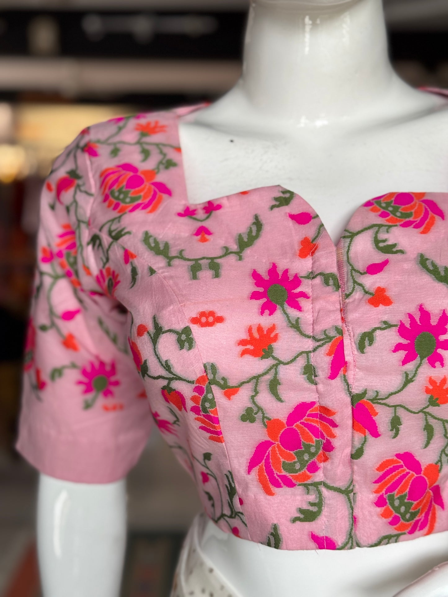 Pink Banarasi floral cotton blouse - front open, with lining