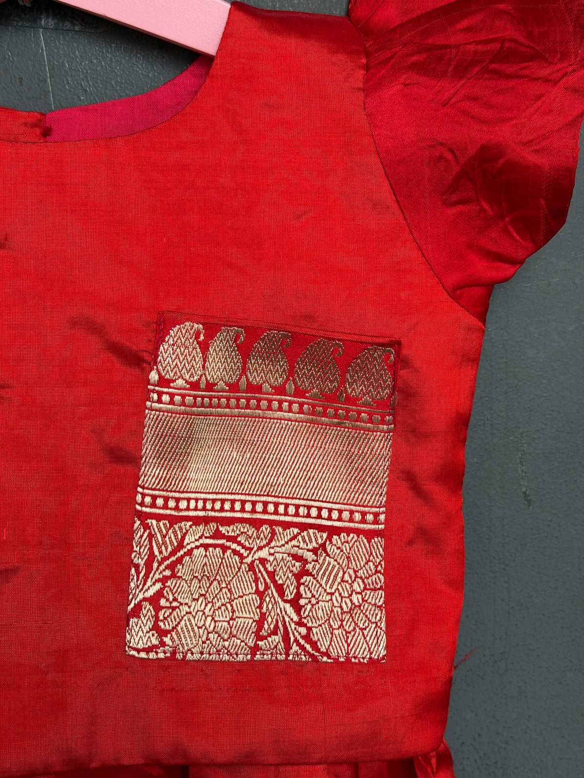 Red handwoven pure silk lehenga (pattu langa jacket) blouse set