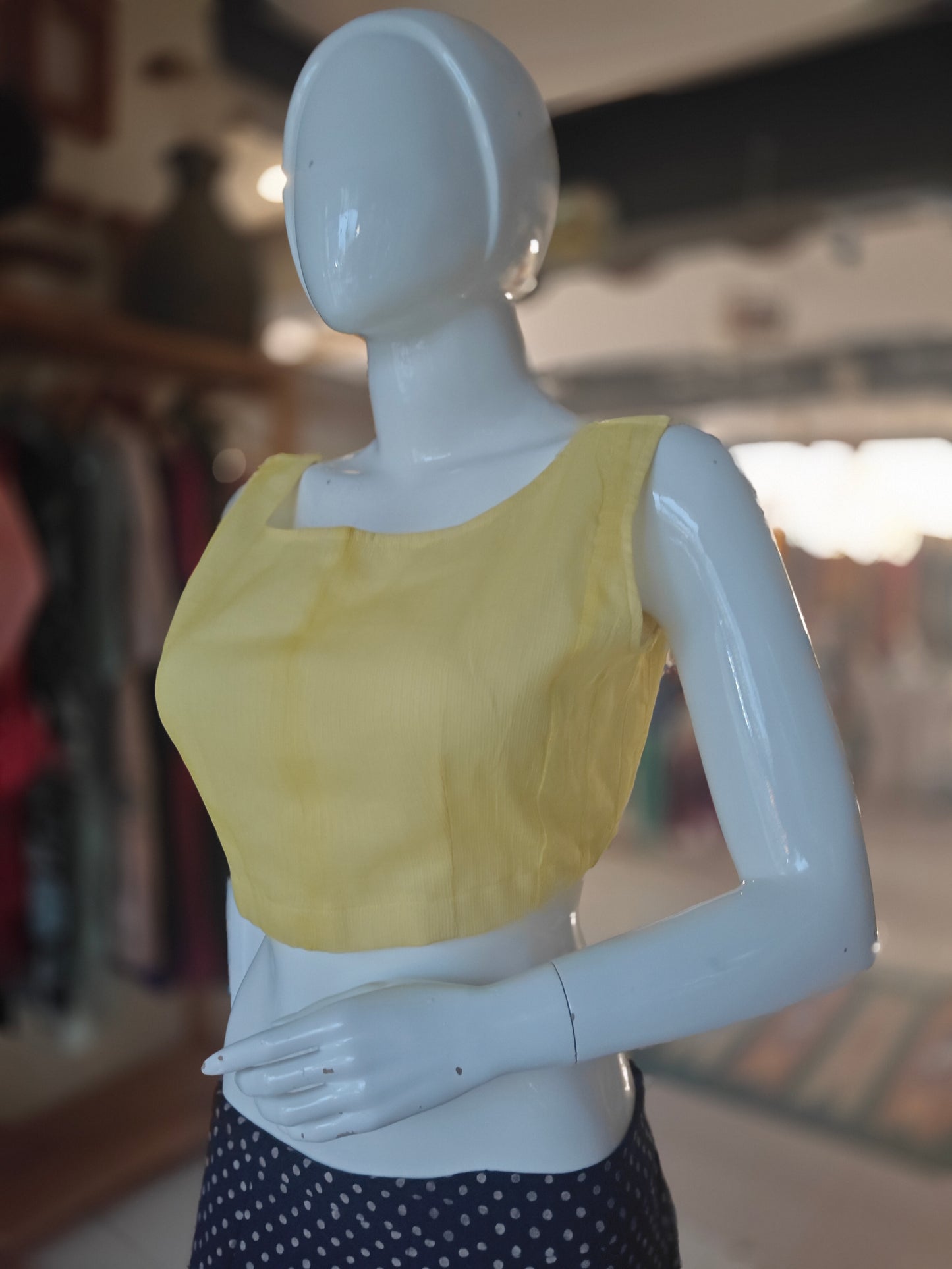 Yellow kota cotton back open sleeveless blouse