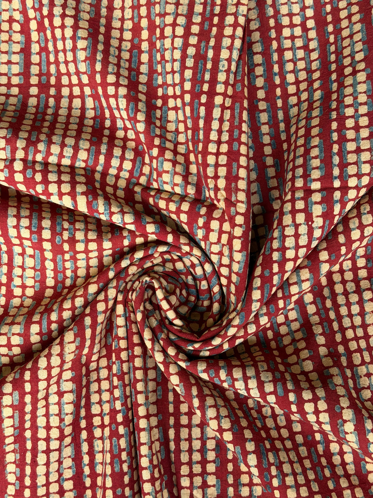 Maroon and beige small squares design cotton fabric with Ajrakh hand block prints