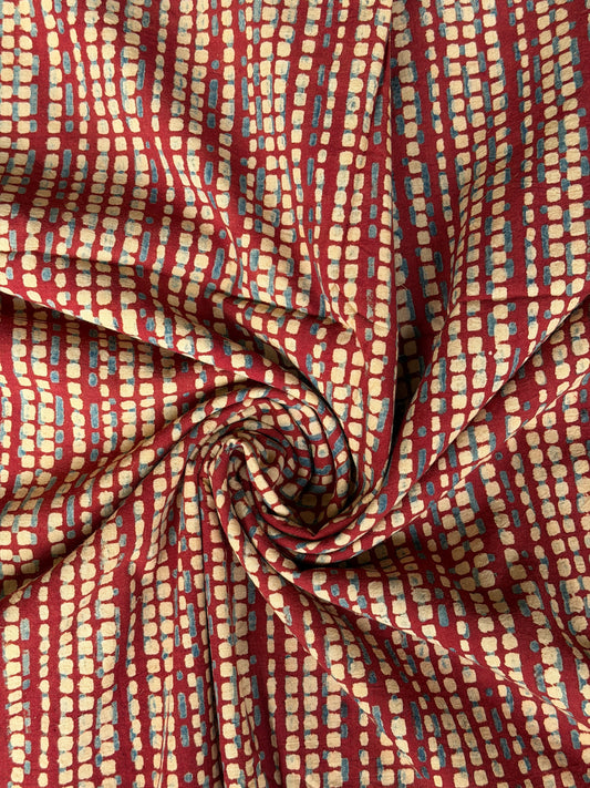 Maroon and beige small squares design cotton fabric with Ajrakh hand block prints