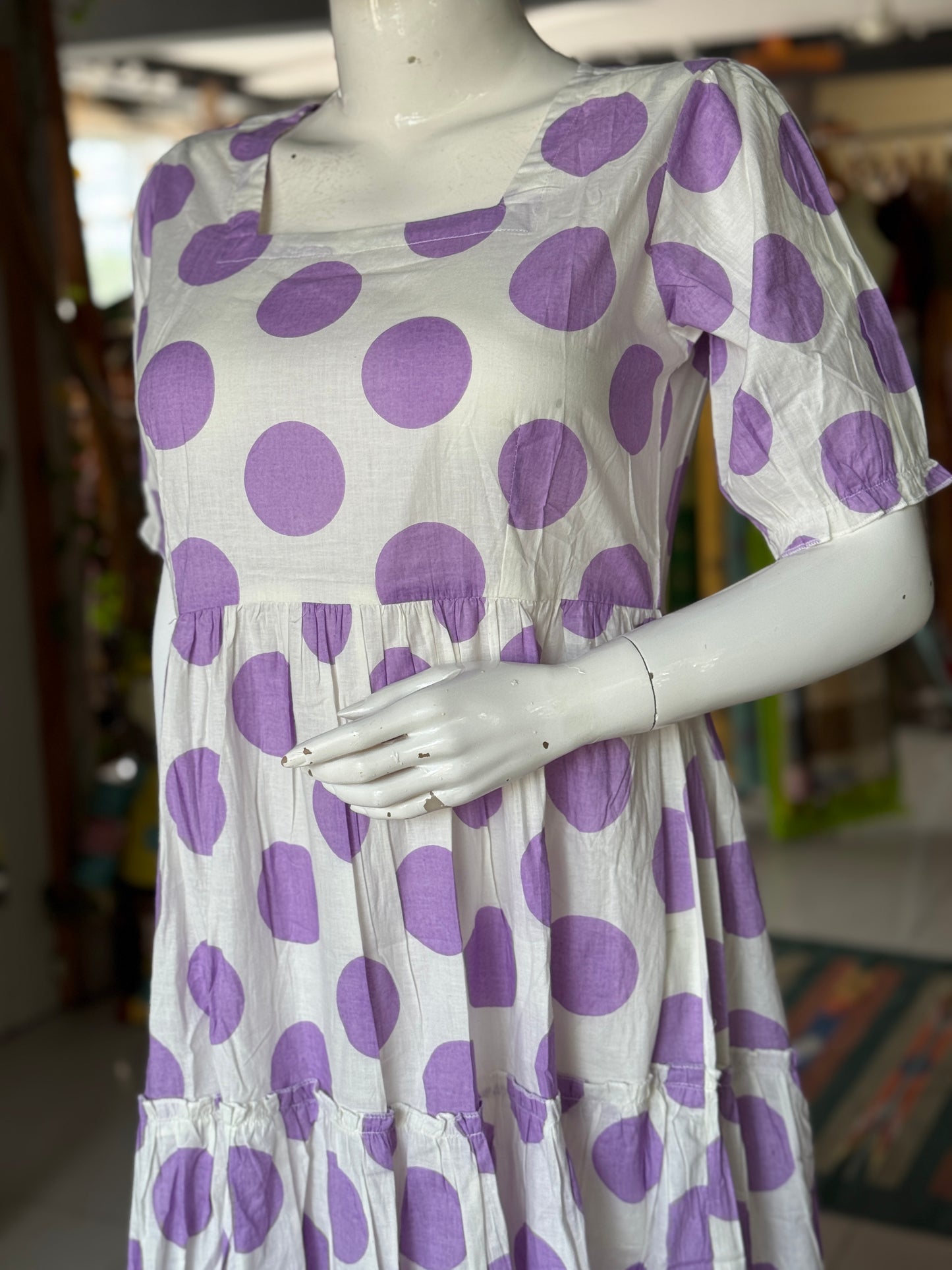 Lavender circles on white base cotton tiered dress with elastic sleeves - square neck