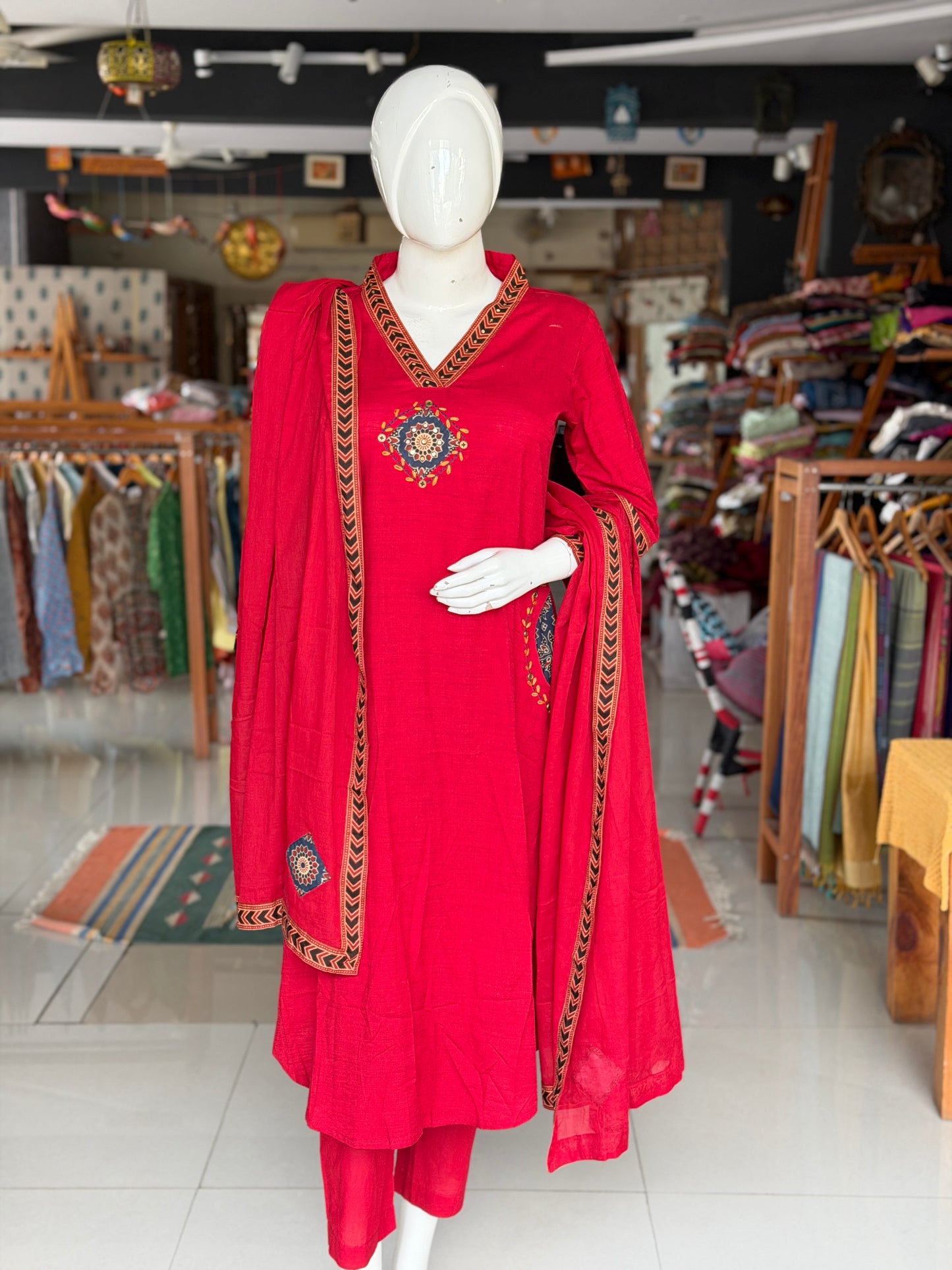 Red patch work a-line kurti, pants and dupatta - 3 piece set with pocket detailing