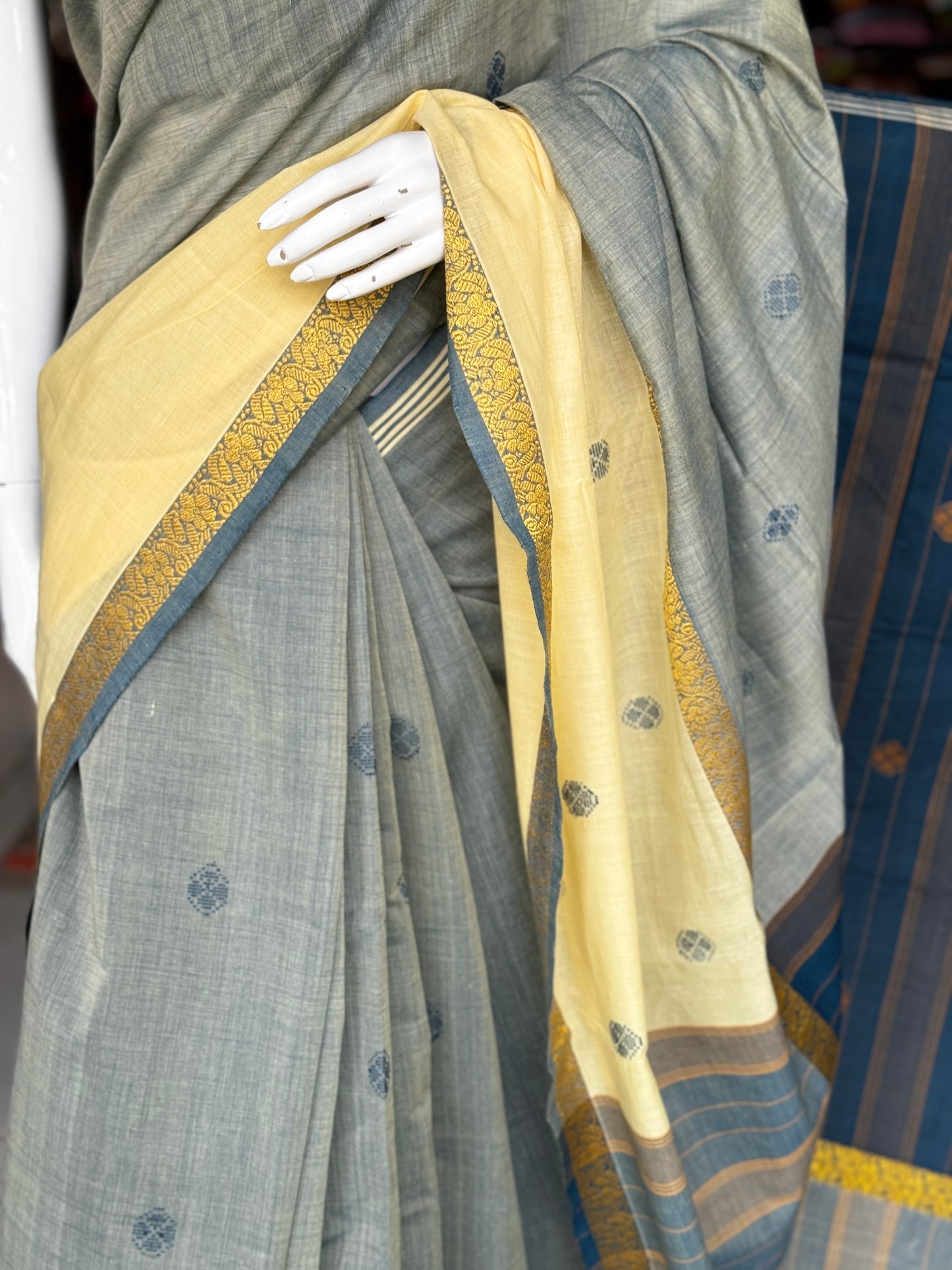 Grey and yellow pure soft cotton handloom saree with butis and double border