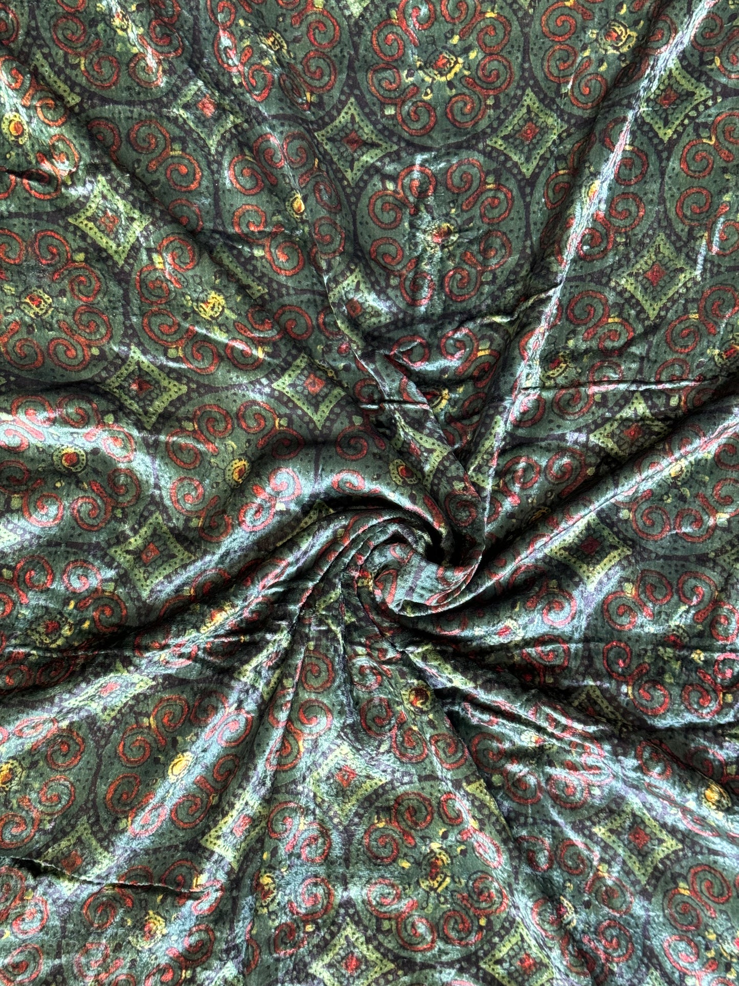 Green ajrakh hand block prints on velvet fabric