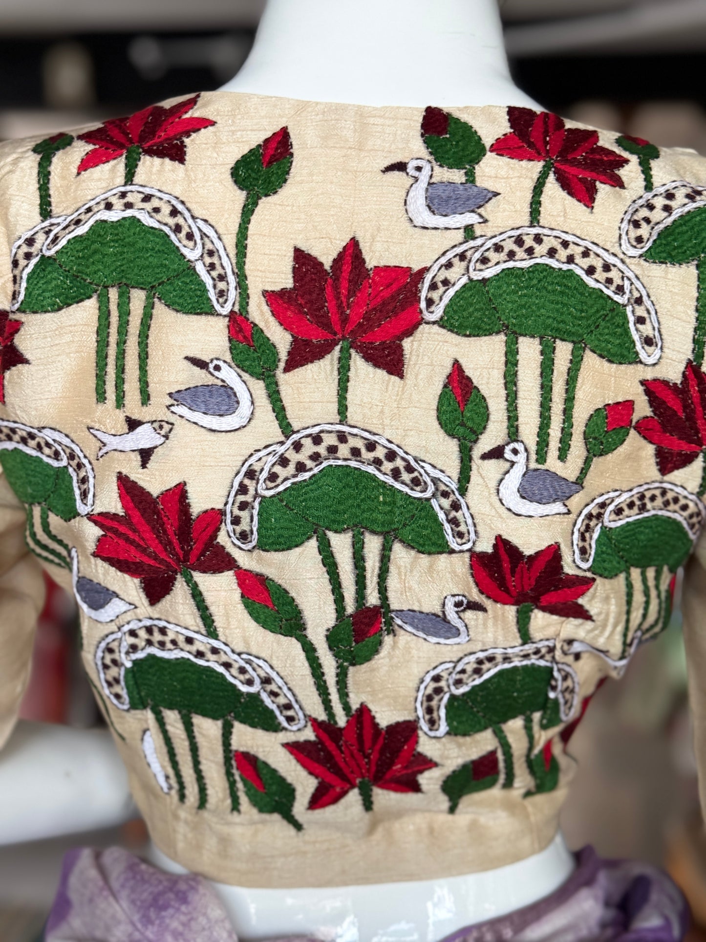 Cream lotus, fish n birds design Kantha hand embroidered silk blouse