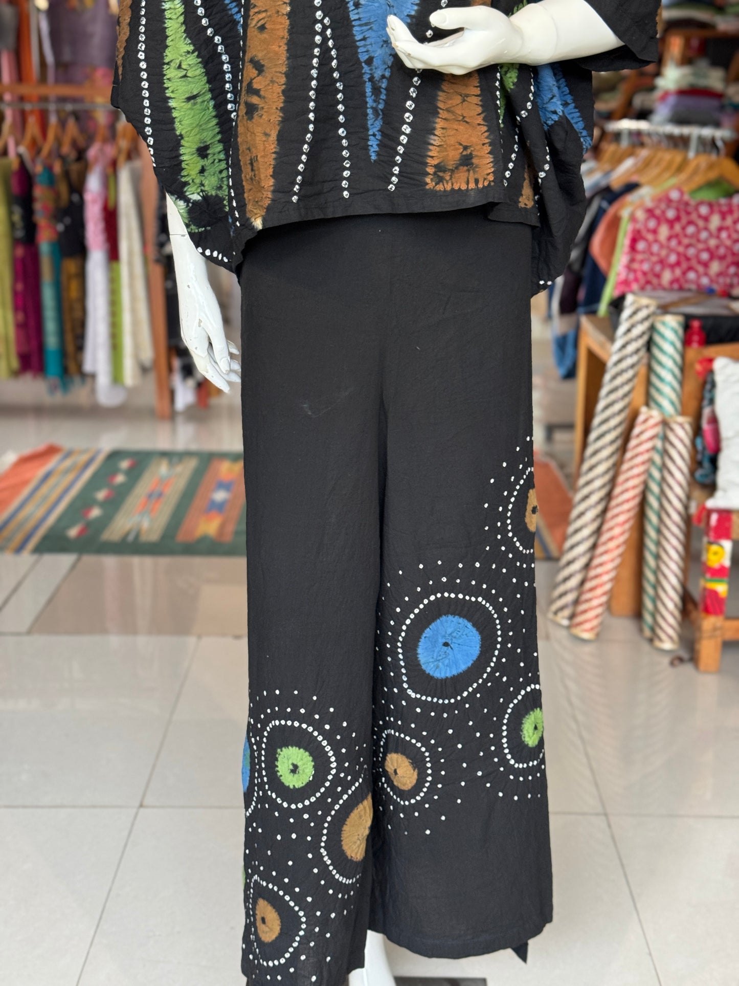 Black placement bandini cotton wrap pants with hand tie n dye design - free size