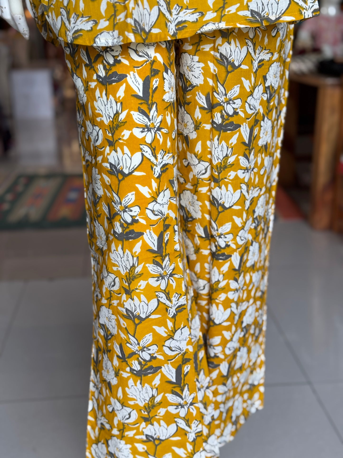 Mustard floral printed cotton 2 piece lounge wear / night dress set