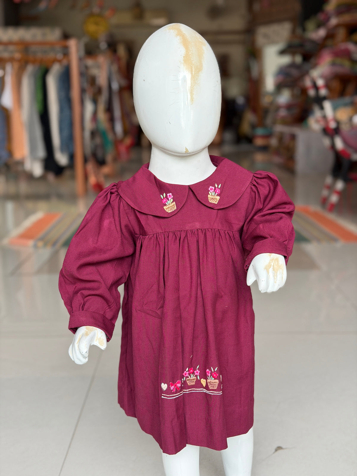 Wine tone cotton frock for girls with Peter Pan embroidered collar