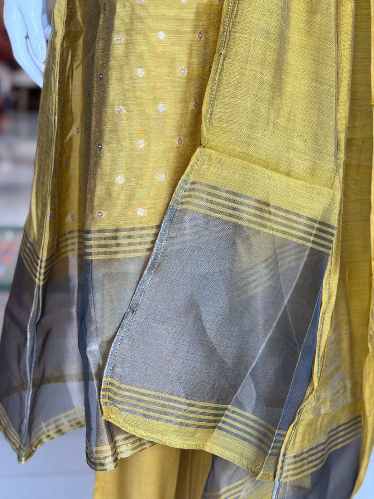 Mustard yellow mul chanderi silk 3 piece set: a-line kurti, pants n dupatta