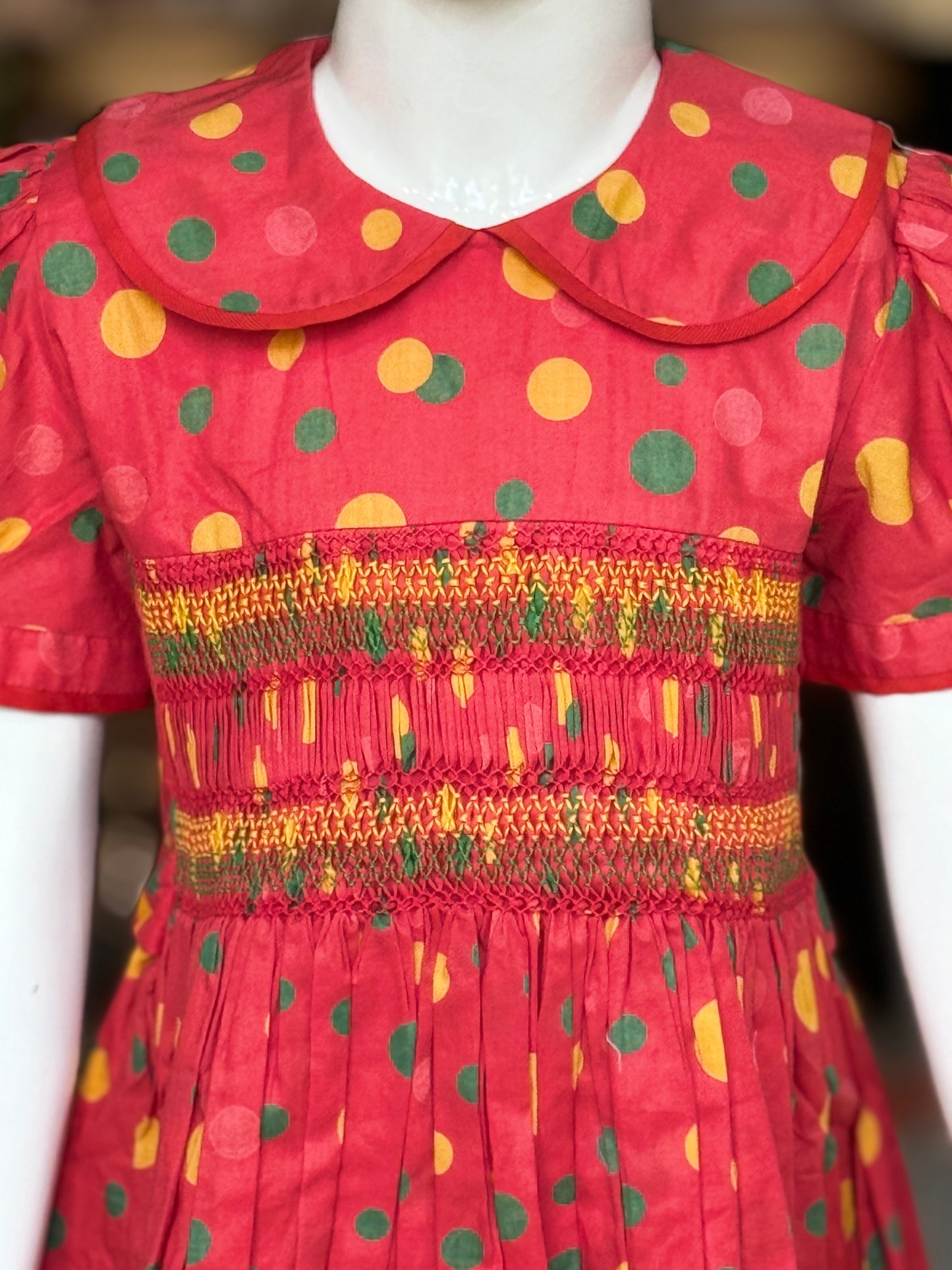 Red colorful polka dots cotton smocking frock