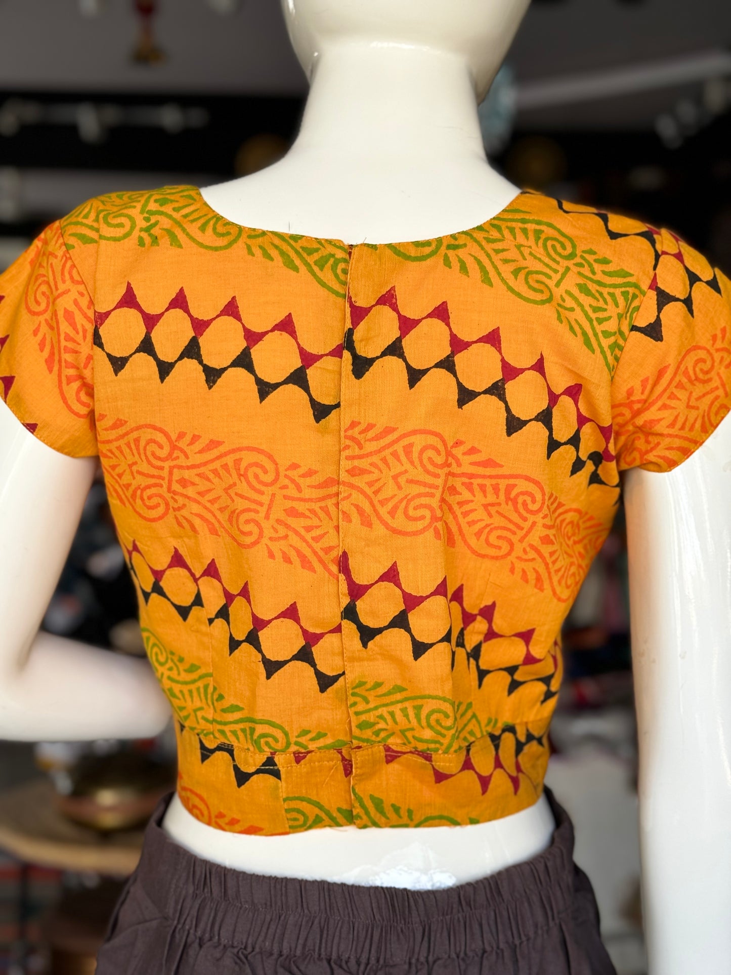 Mango yellow hand block printed cotton v neck crop top / blouse