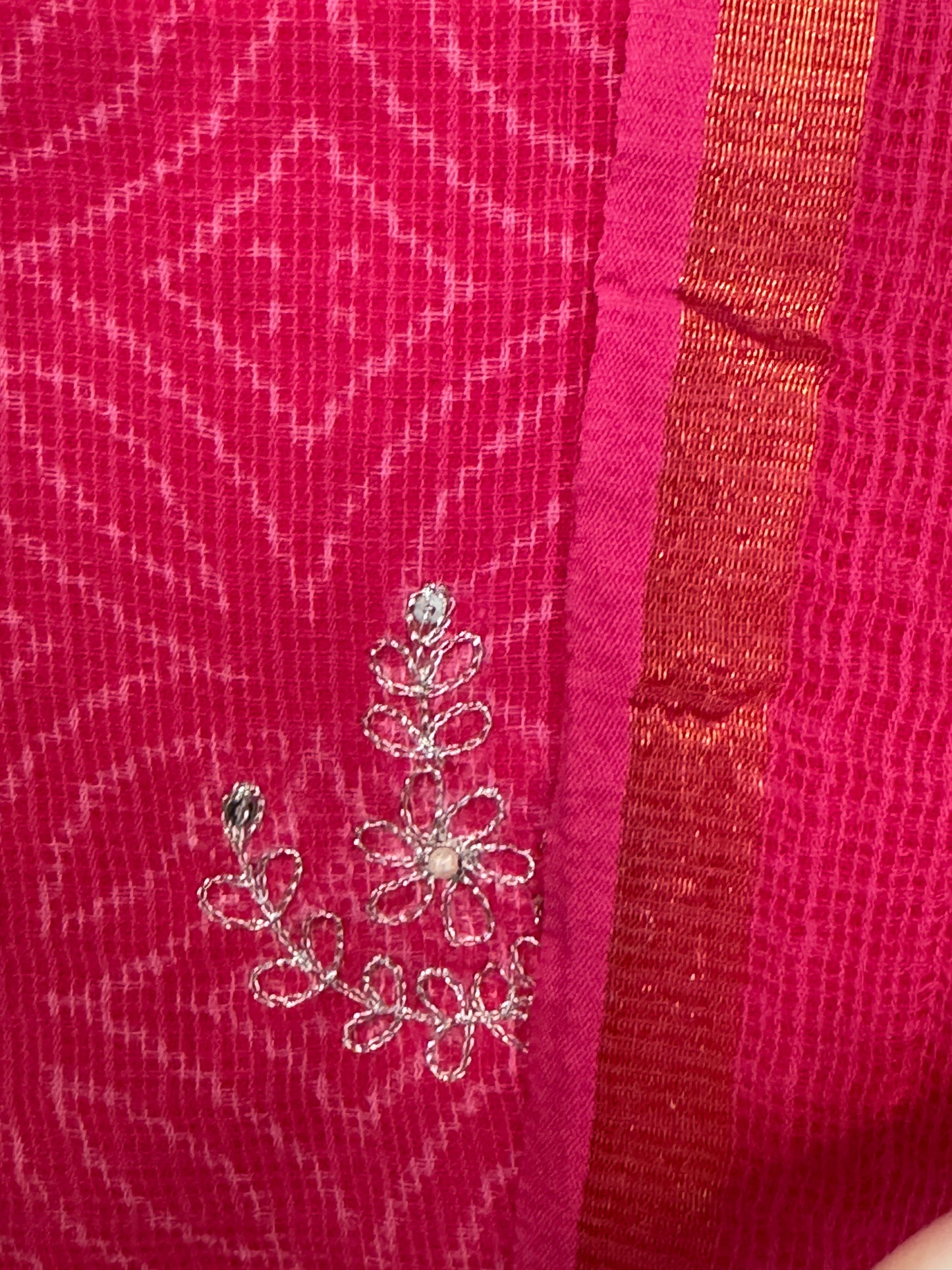 Pink hand block printed kota cotton straight kurti, pants and dupatta set - with hand embroidery