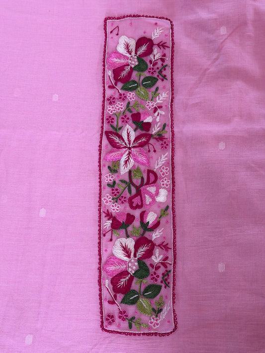 Pink flowers and leaves embroidered patch border on light pink net base