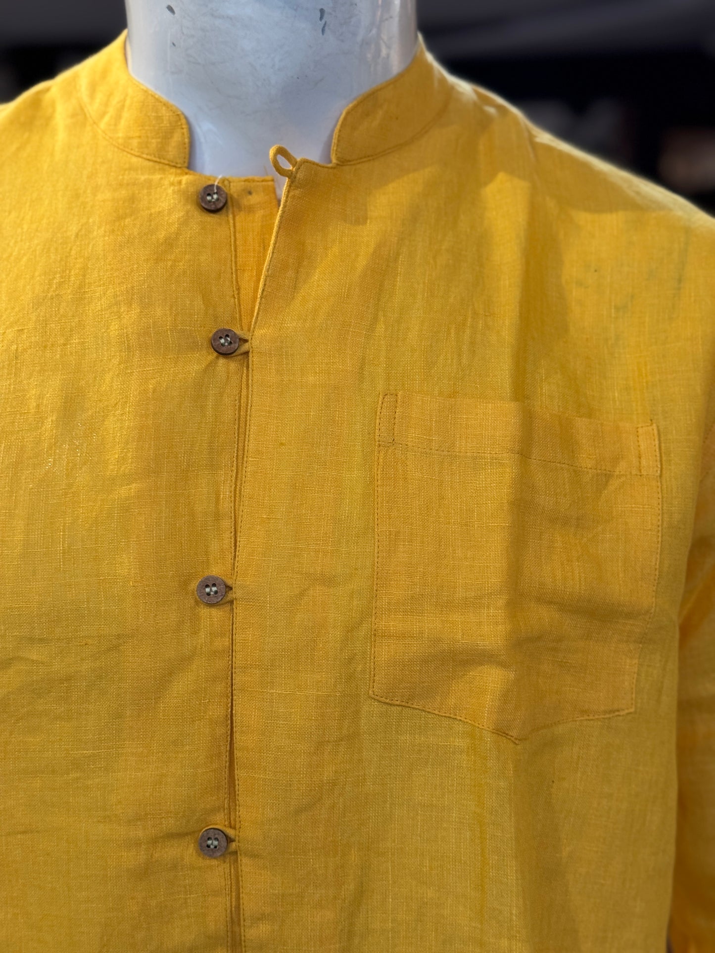 Bright yellow handwoven linen band collared shirt for men
