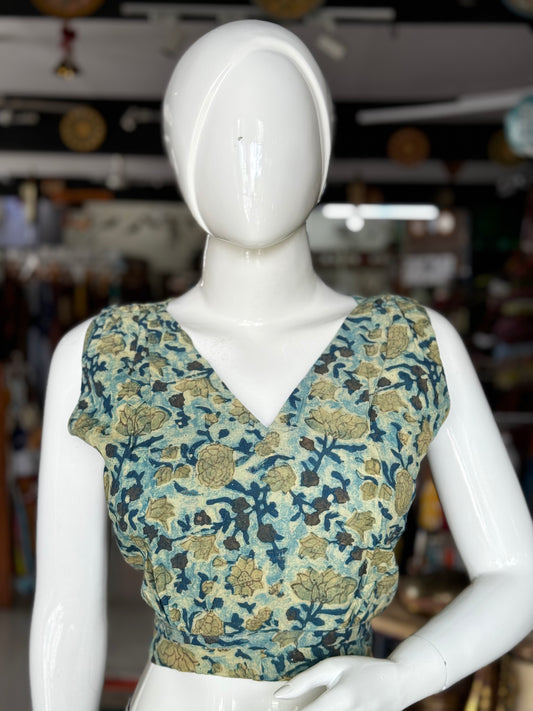 Blue green floral modal hand block printed crop top / blouse