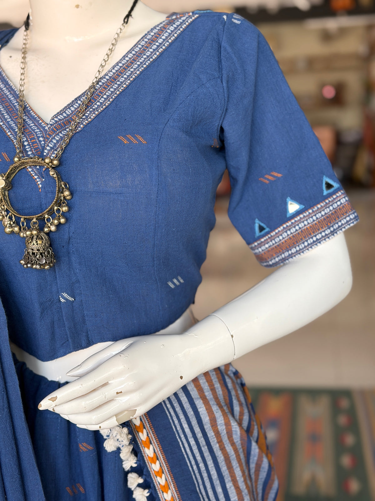 Indigo Bhujodi kala cotton handloom blouse with mirror work on sleeves and back