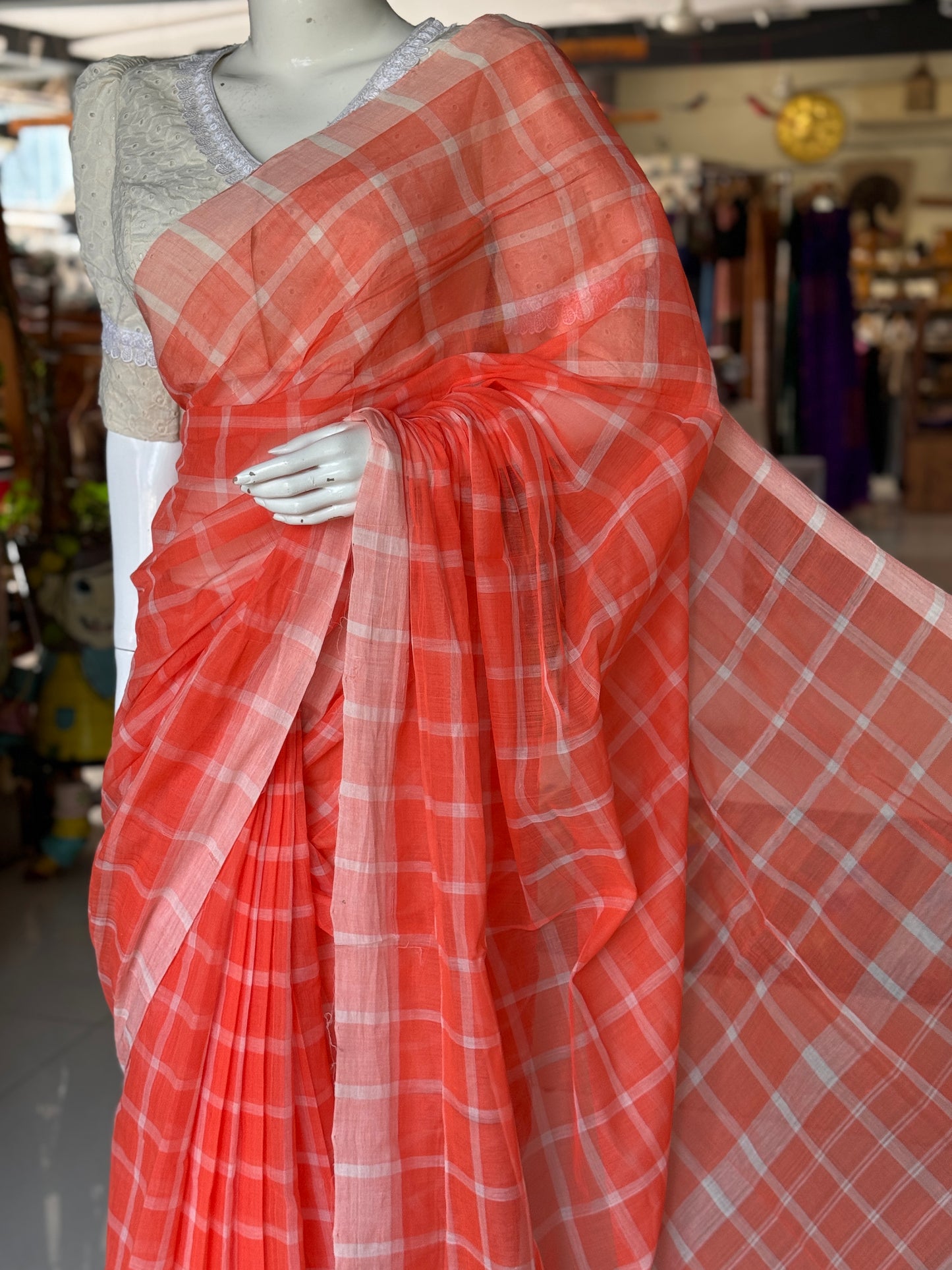 Checkered light weight soft handloom Bobbili cotton saree - multiple colors available