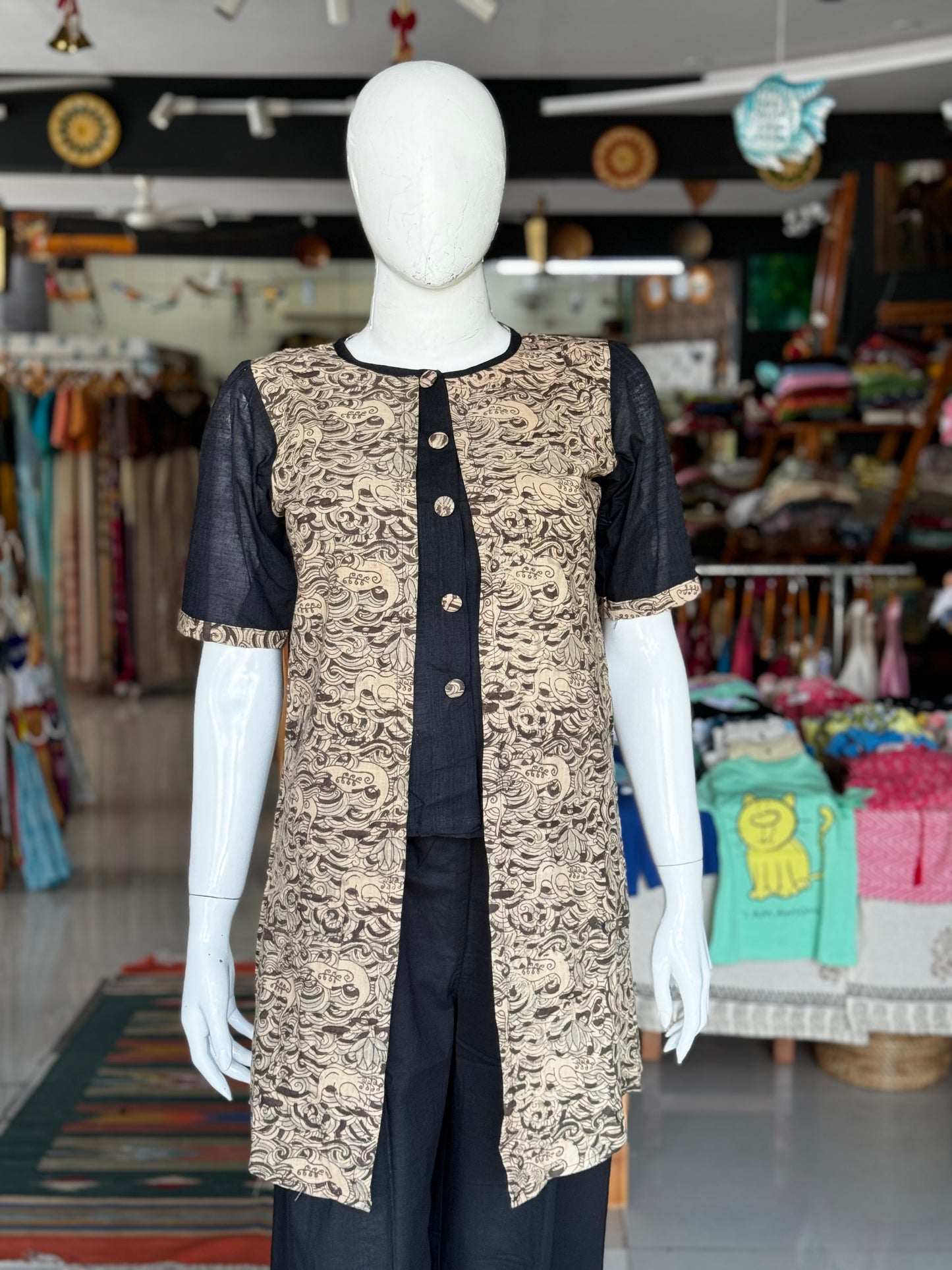 Black hand block printed handloom cotton shirt tunic with fabric buttons