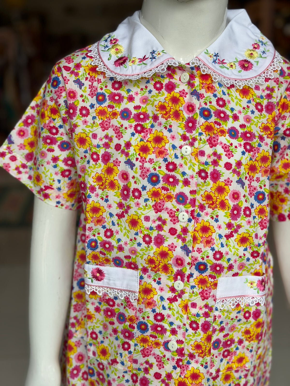 Pink and yellow floral print cotton lounge wear / night suit set - 2 piece shirt n pants set with lace and embroidery on collar