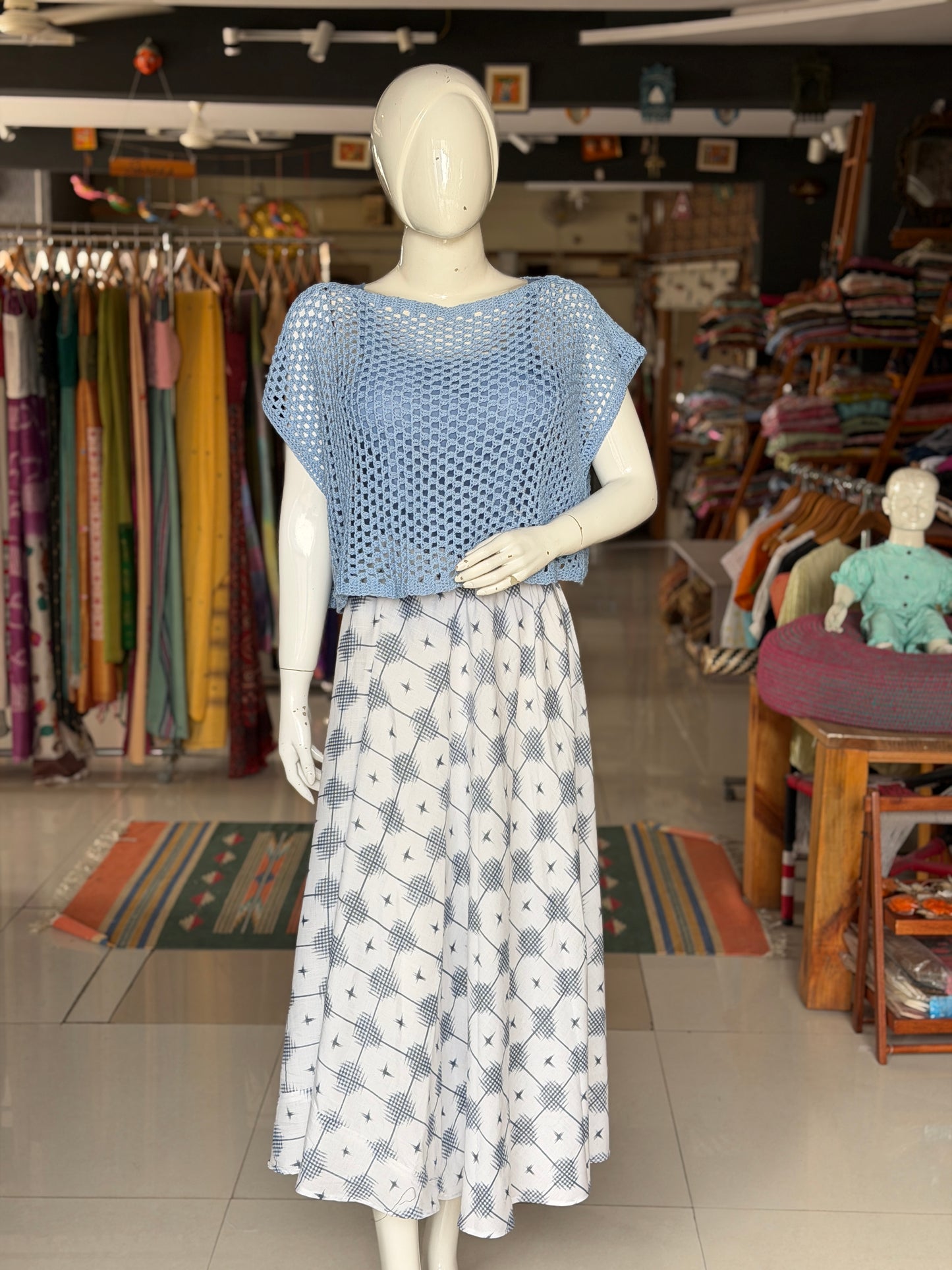 Blue hand crocheted cotton top - free size
