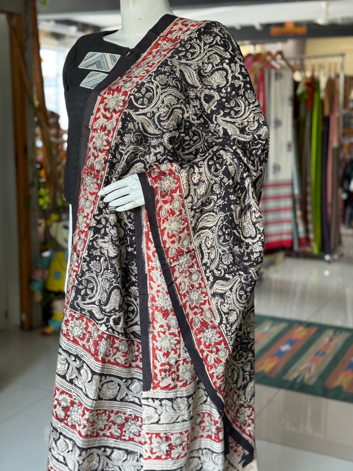 Beige n black Kalamkari floral hand block printed art silk dupatta