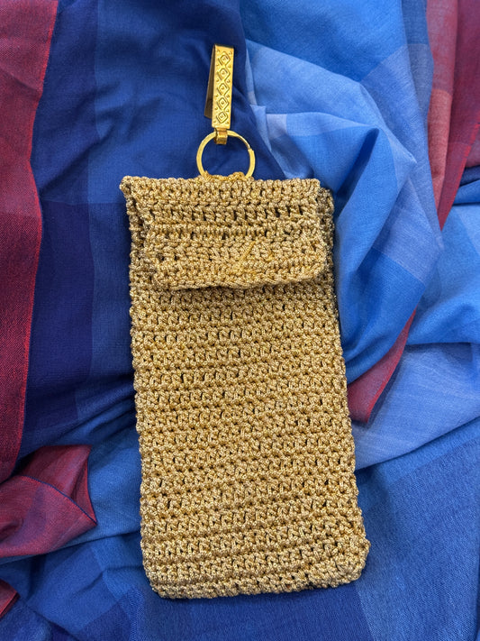 Gold Crochet Mobile phone pouch with waist clip on and magnetic closure - handcrafted crochet