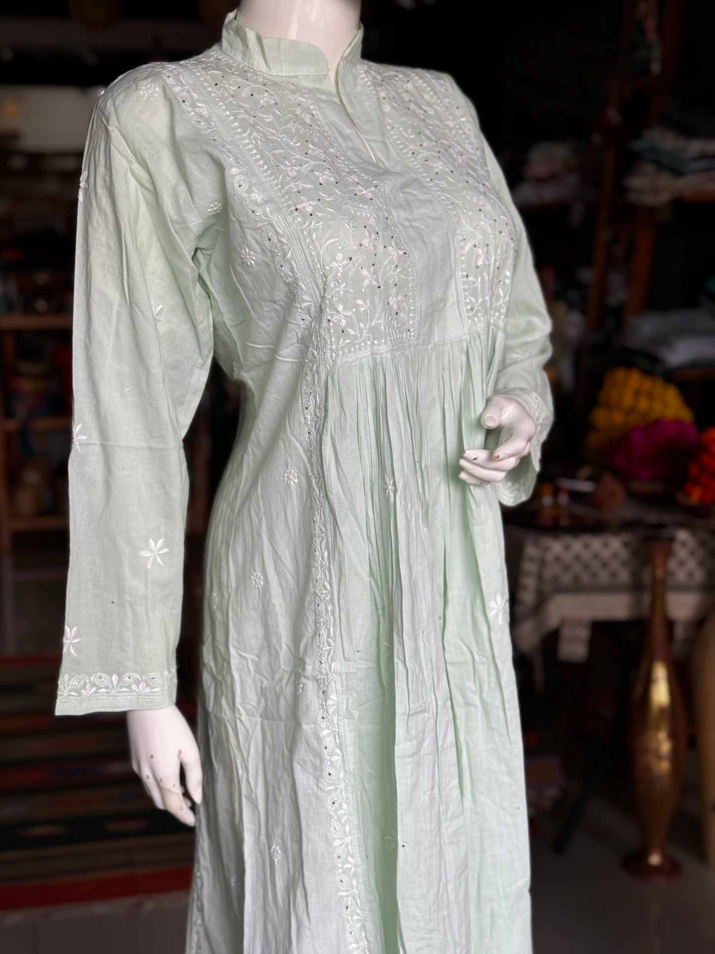 Mint green chikankari hand embroidered kurta / dress