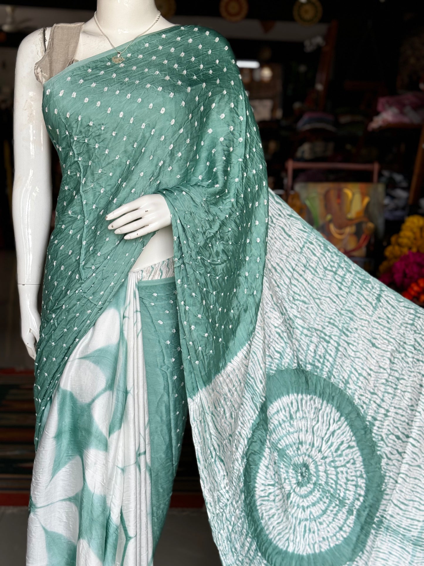 Mix of 3 beautiful crafts - bandini, shibori, clamp dyed soft modal saree in shades of sea green