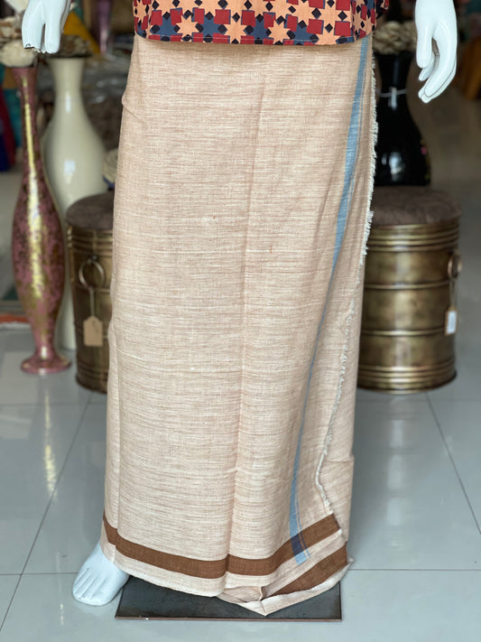 Light brown hand spun, hand woven, natural dyed cotton lungi (unstitched) for men