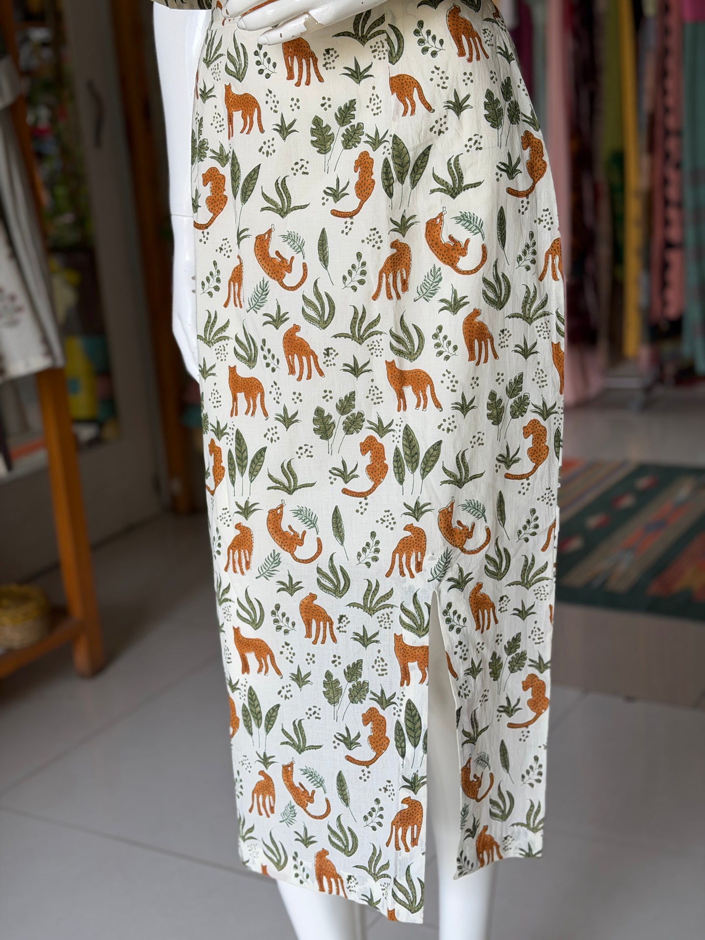 White forest theme Coord set - cotton hand block printed collared crop top and skirt with front slit