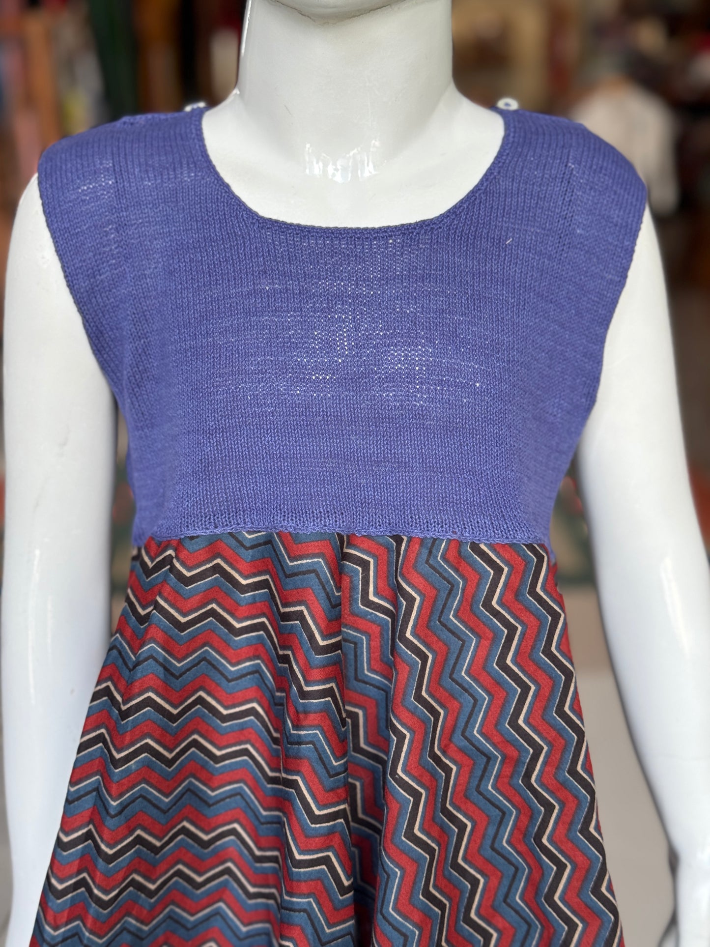 Crochet hand work yoke with hand block printed kerchief cut soft cotton frock