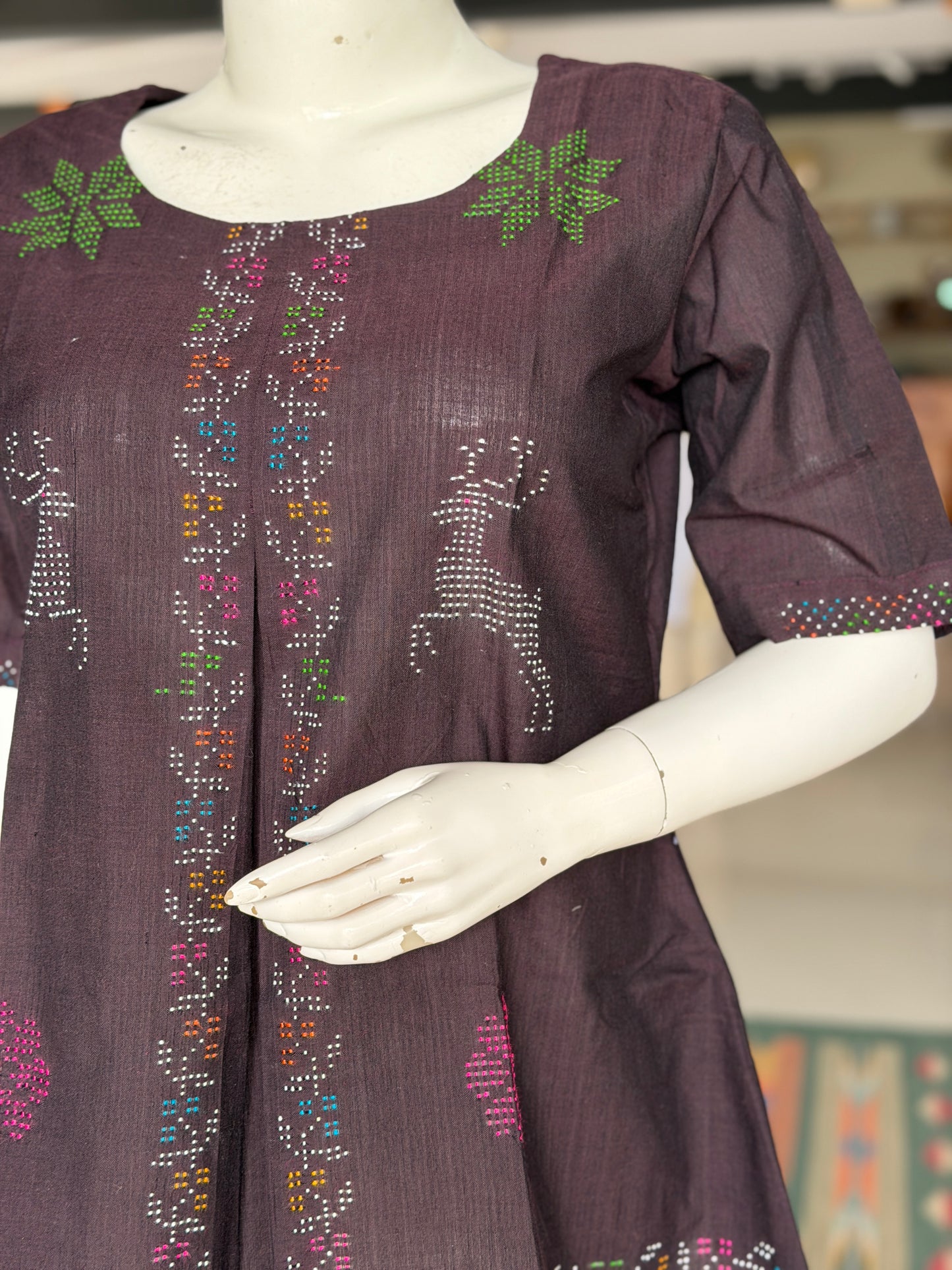 Brown Tangaliya handloom cotton top with deers n flowers motifs