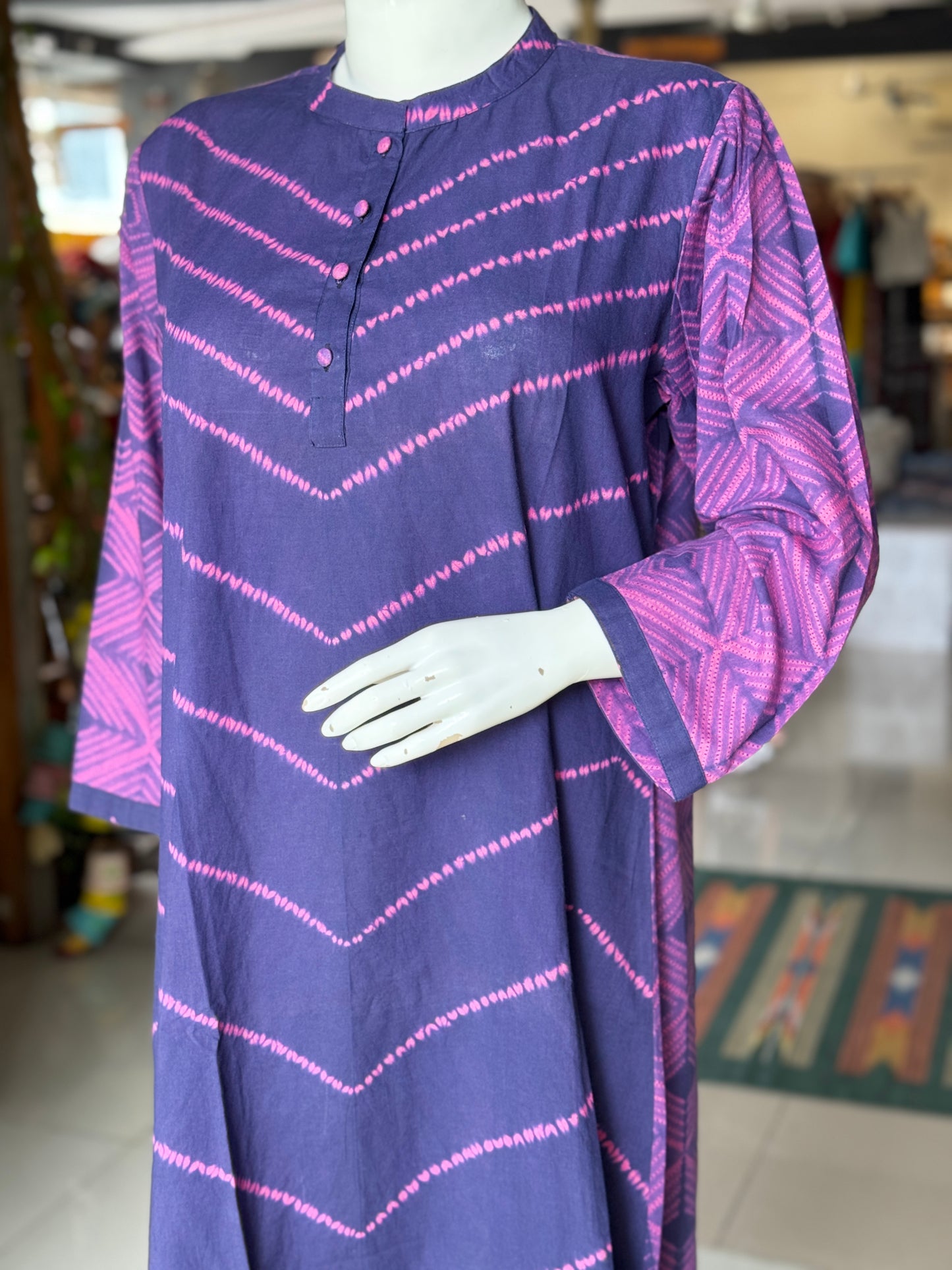 Violet n purple Shibori needle tie n dye band collared cotton dress