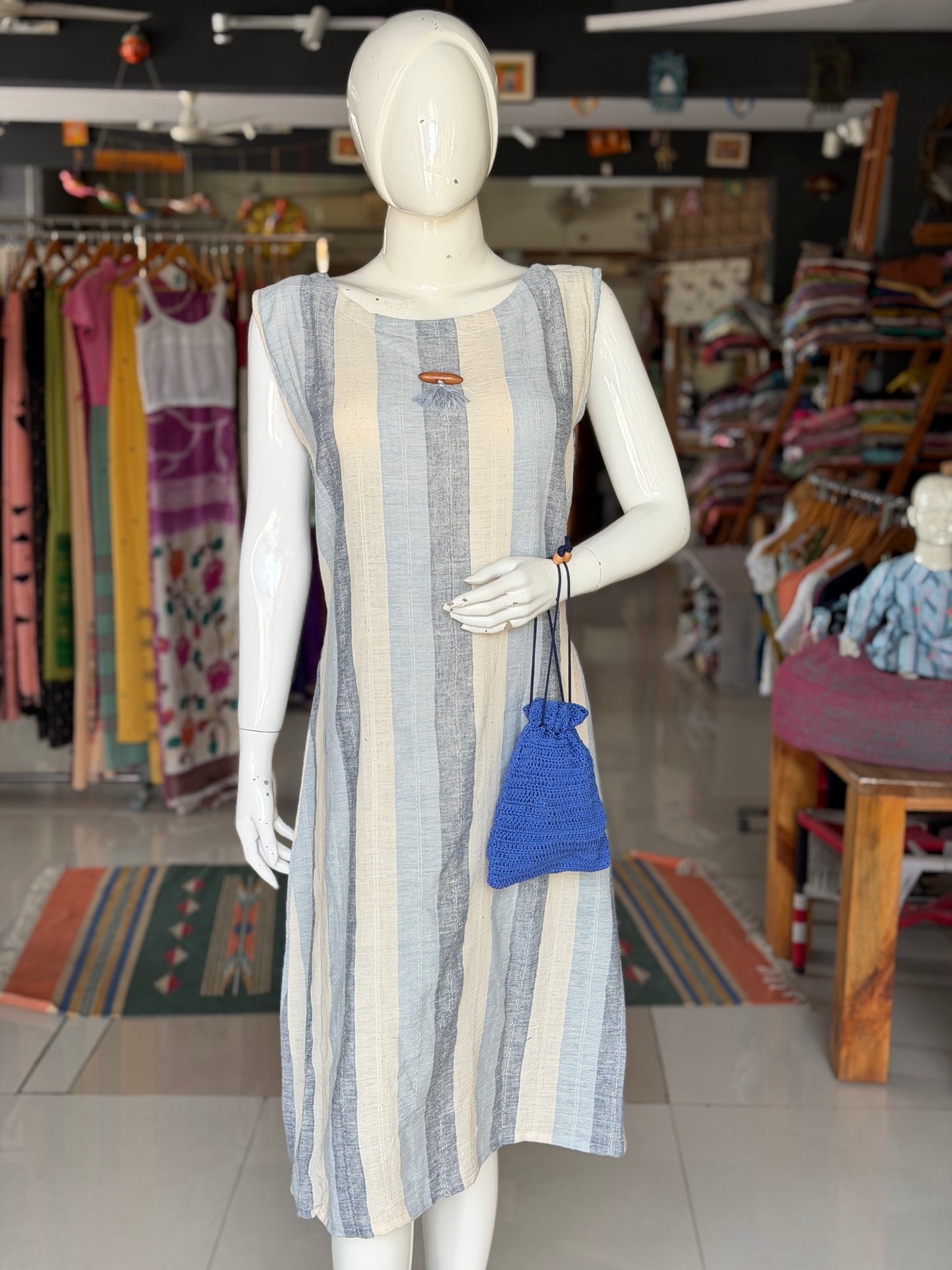 White and blue stripes kala cotton handloom sleeveless a-line dress