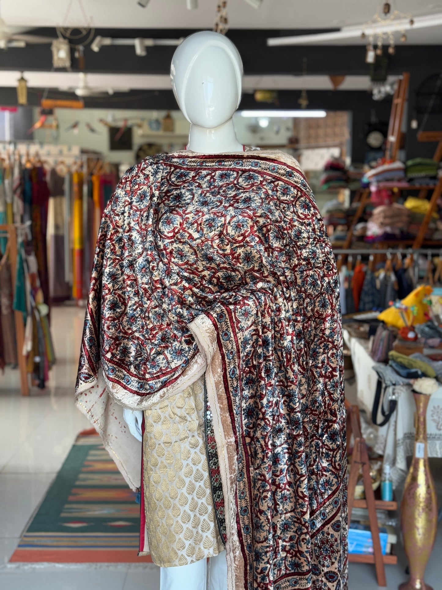 Cream luxurious velvet dupatta with hand block Ajrakh prints