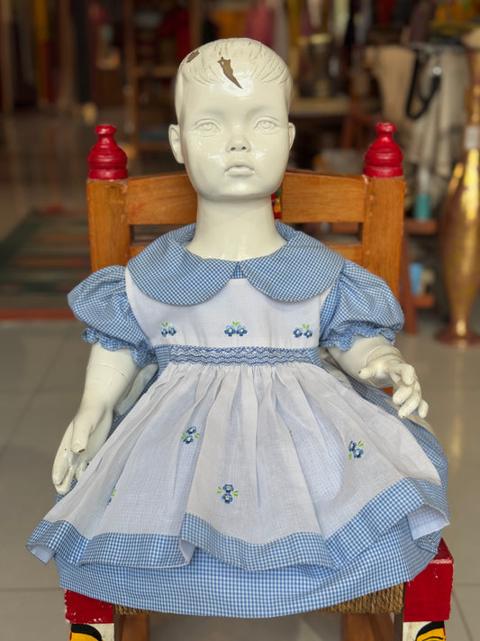 Blue checks puff sleeves cotton frock with smocking embroidered detachable overcoat