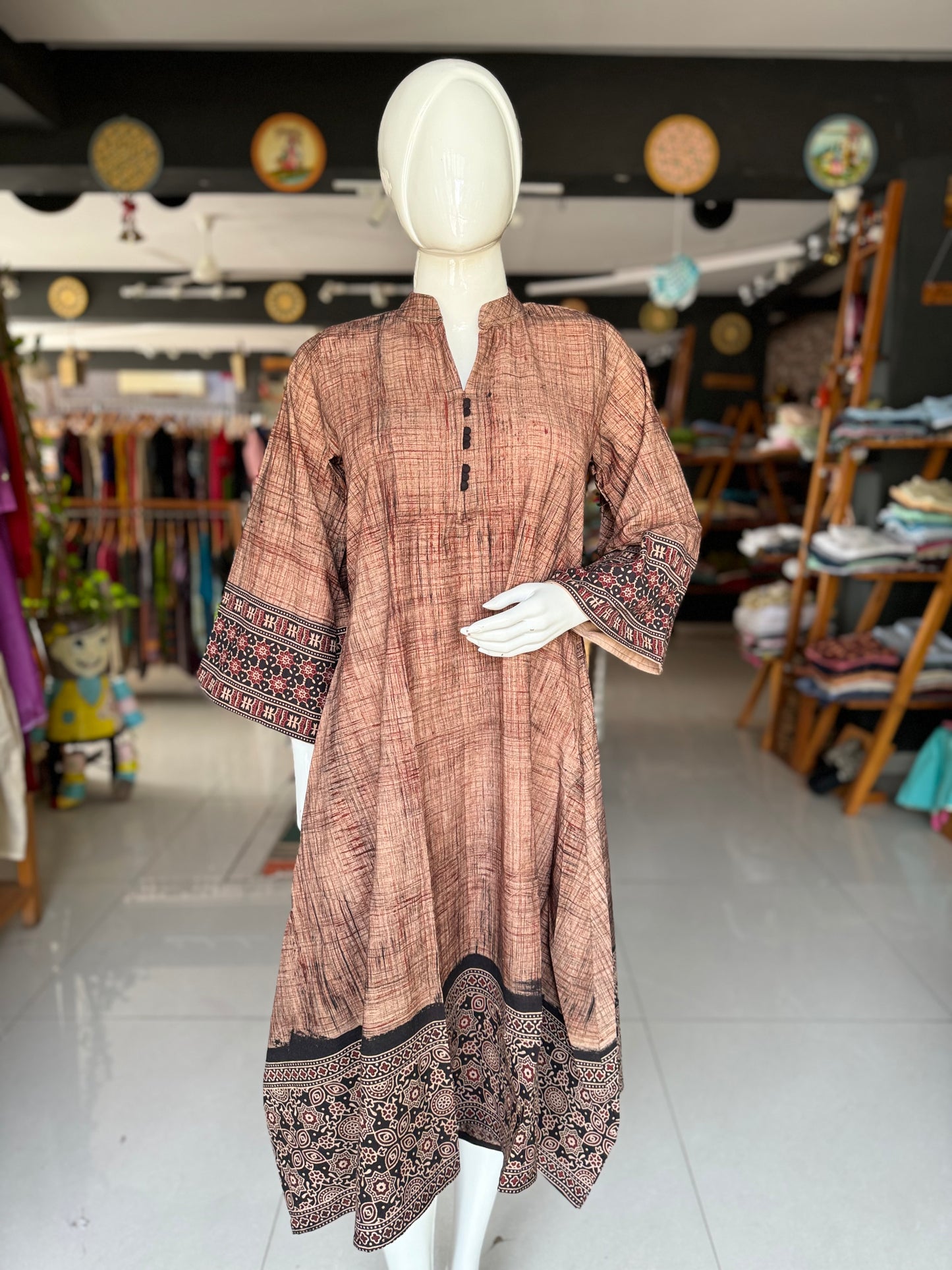 Brown flared sleeves cotton dress with hand prints