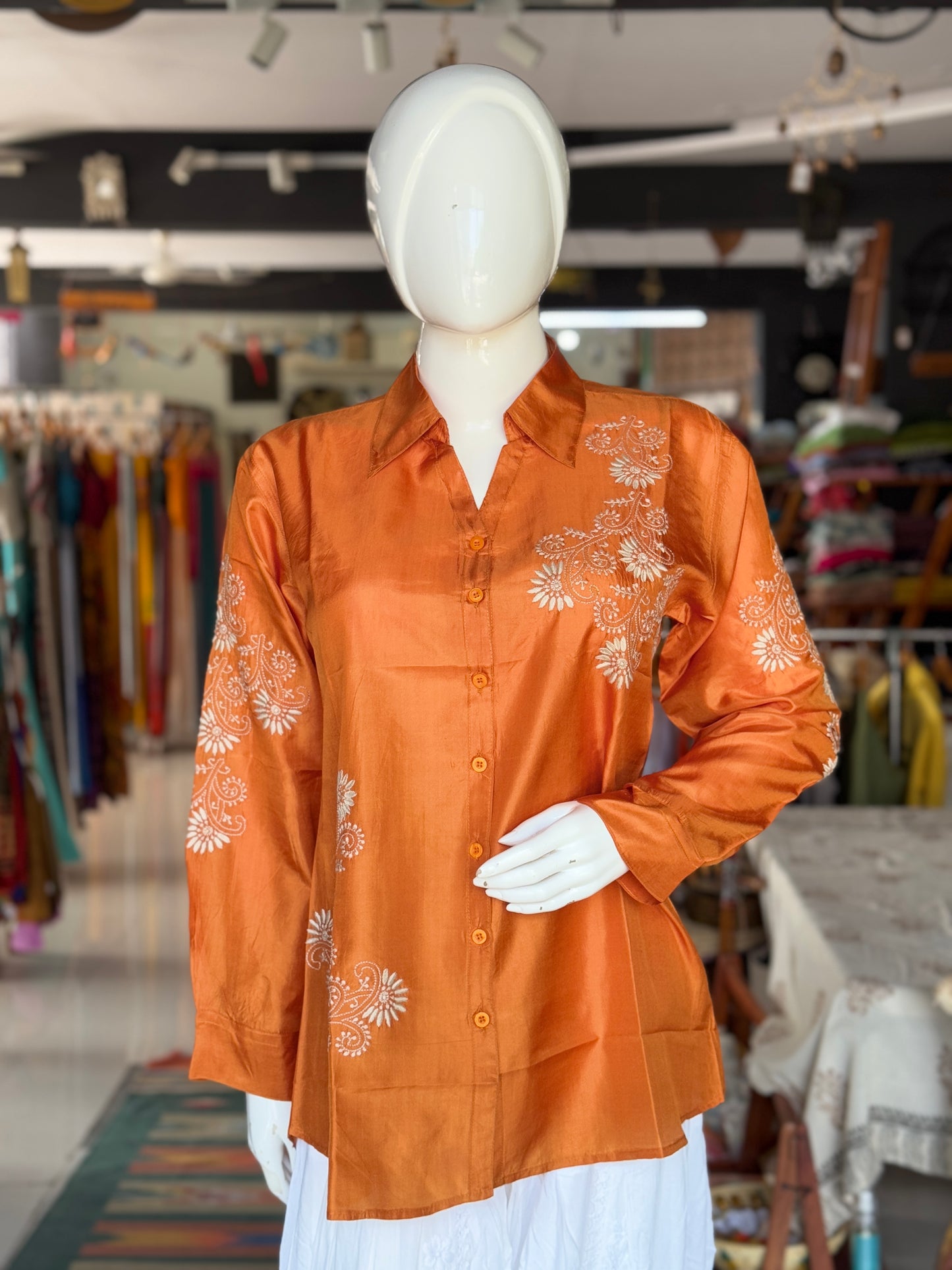 Burnt orange tone fine tussar silk Chikankari hand embroidered shirt for women