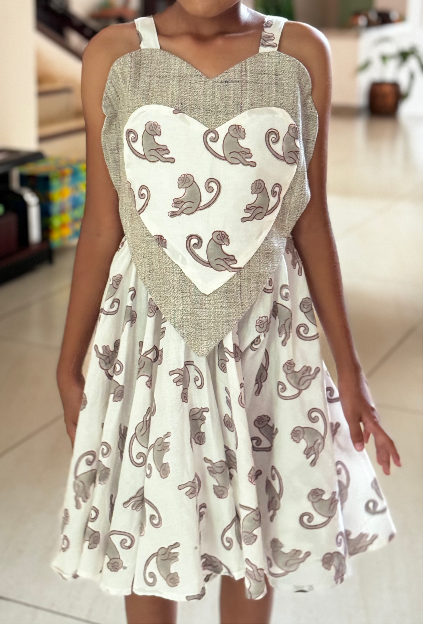 White monkeys hand block printed flared umbrella designer frock with handwoven grey heart yoke