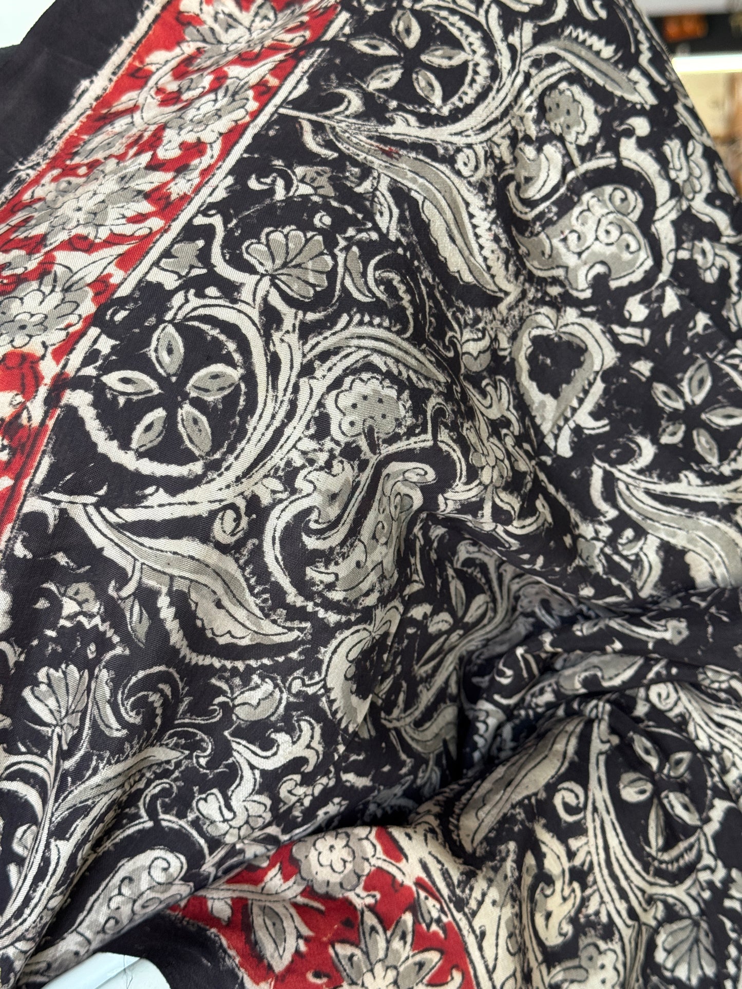 Beige n black Kalamkari floral hand block printed art silk dupatta