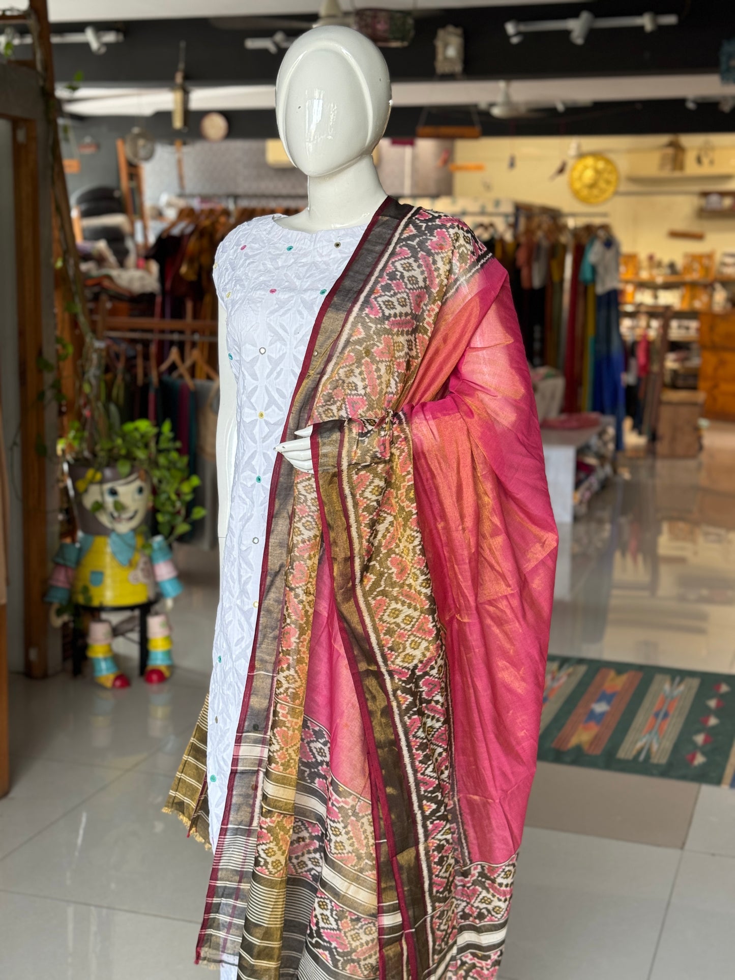 Pink Zari tissue cotton handwoven ikat patola dupatta