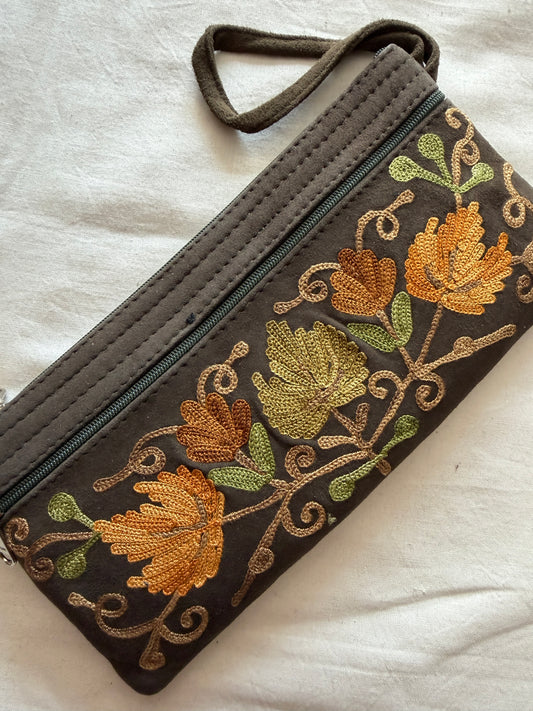 Wristlet pouch with Kashmiri floral Aari embroidery - 3 zippers - color options available