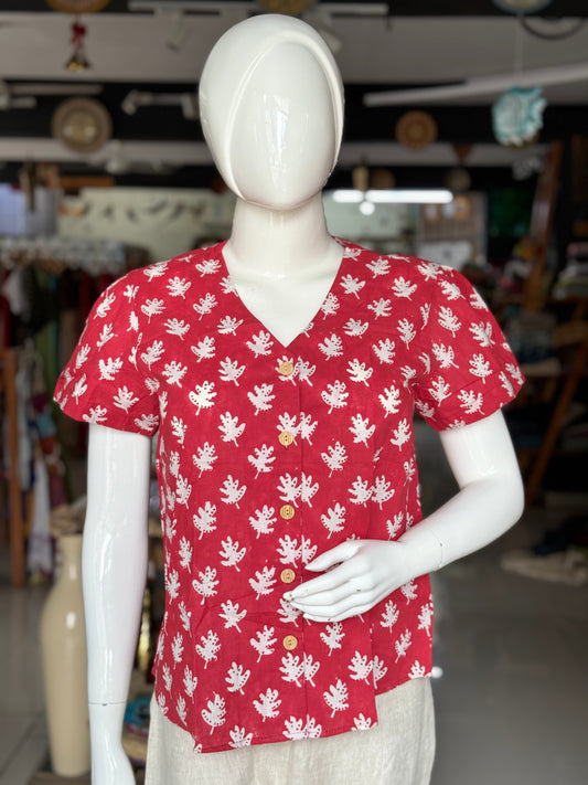 Red cotton hand block printed V neck button down top