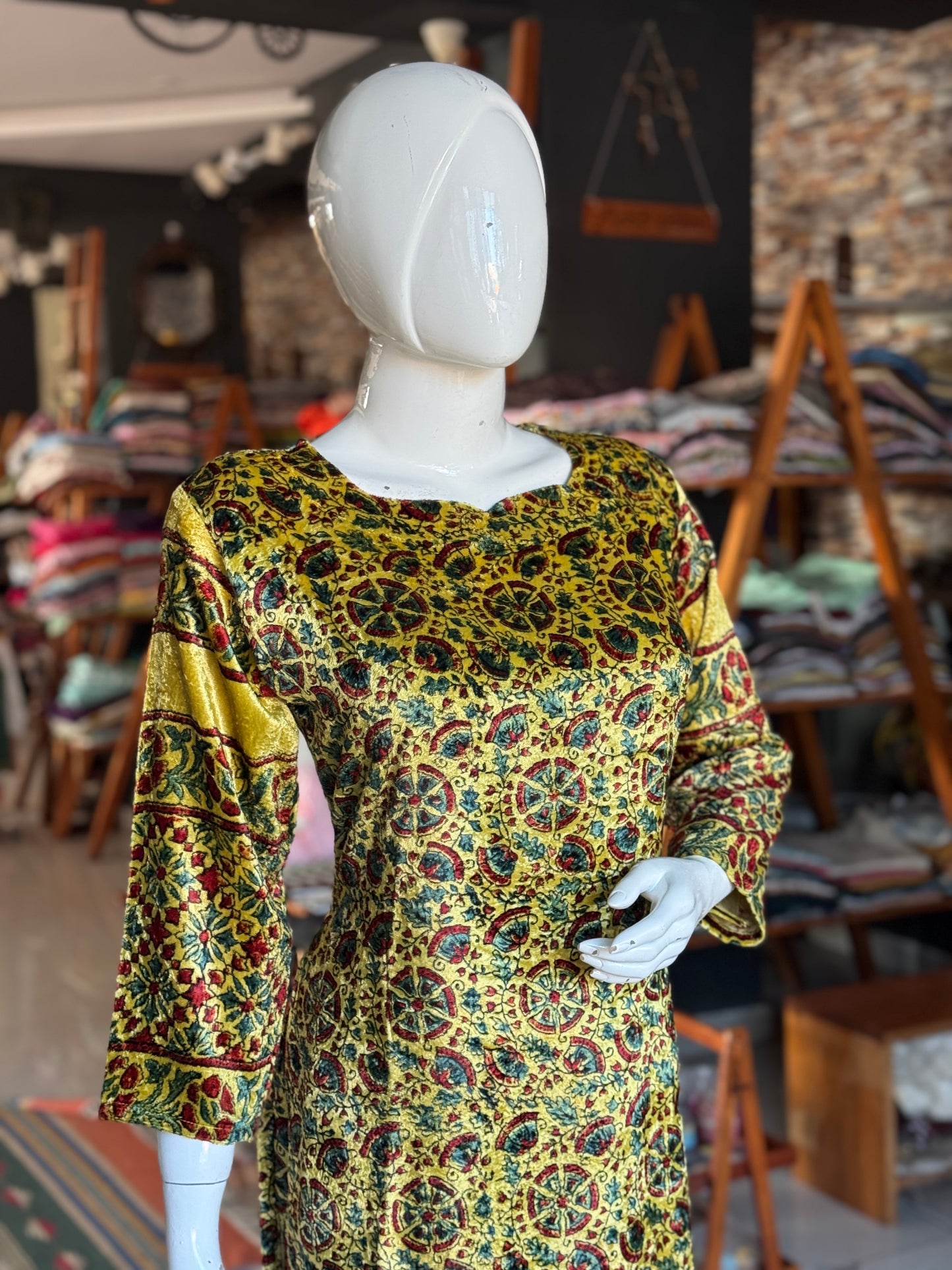 Yellow velvet straight kurti with Ajrakh hand block prints and long sleeves