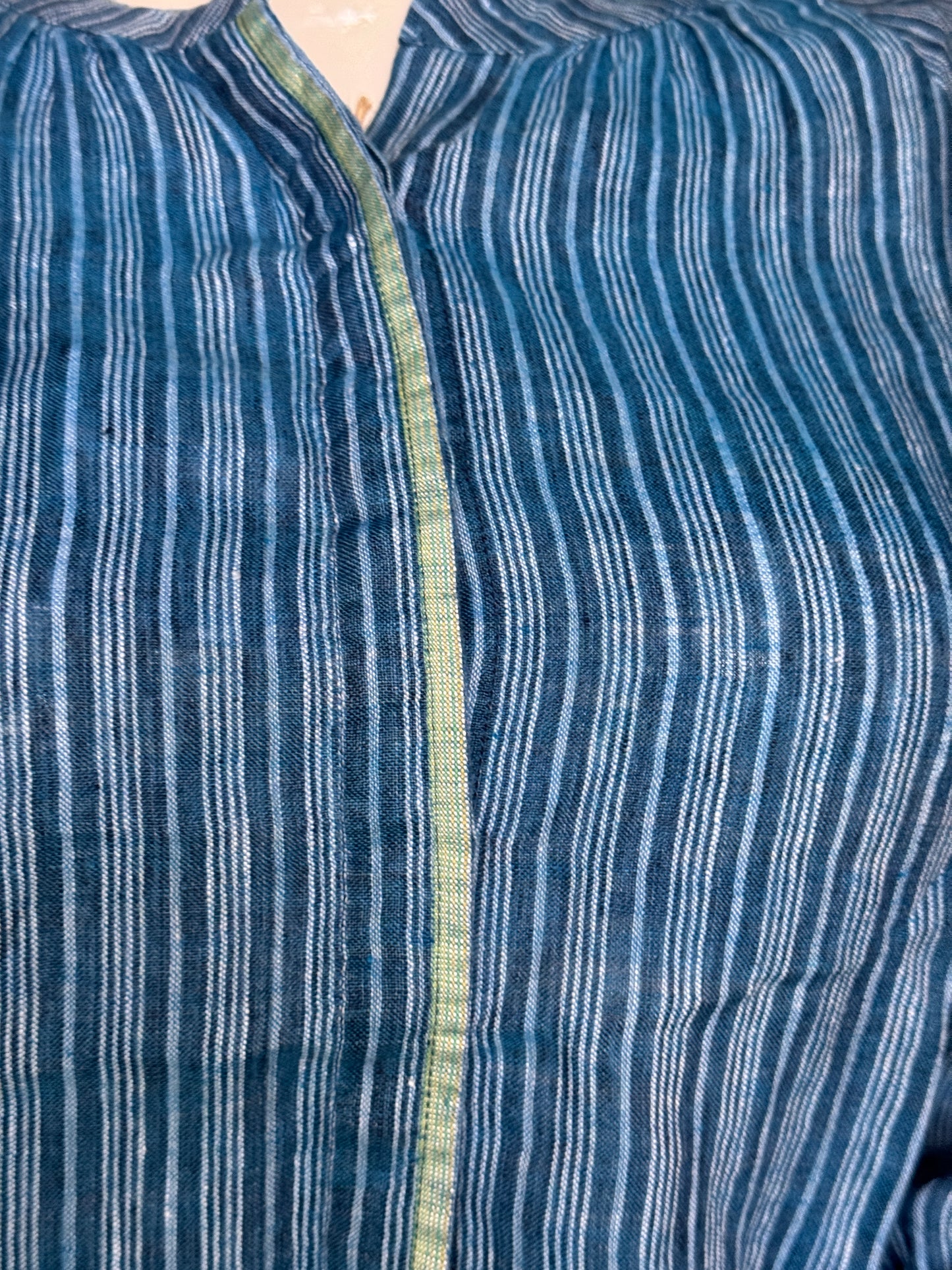 Indigo stripes linen hand woven shirt top with round neck and raglan long sleeves