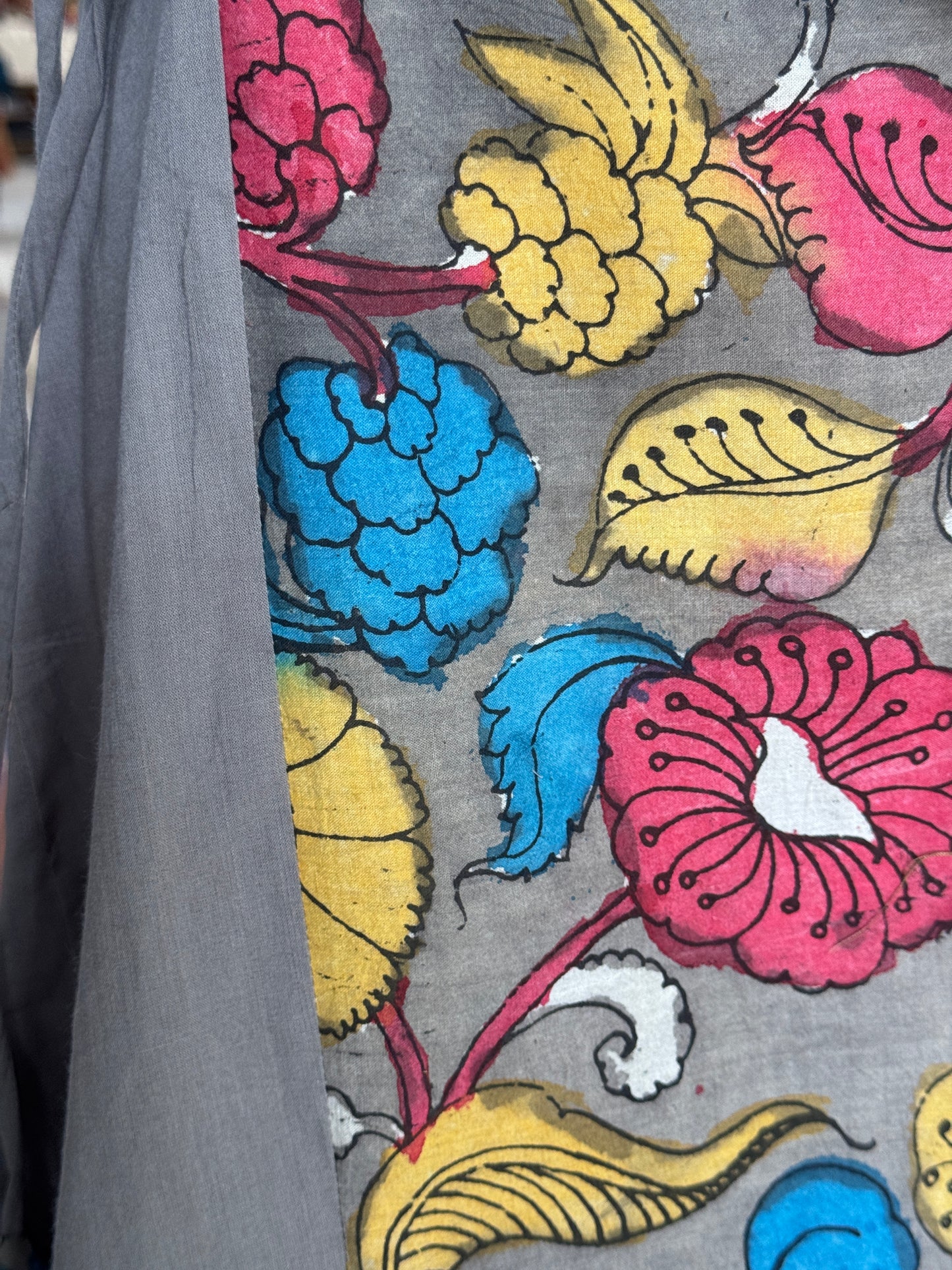 Brown floral pen Kalamkari hand painted cotton dress / kurti with plain side panels and side ties
